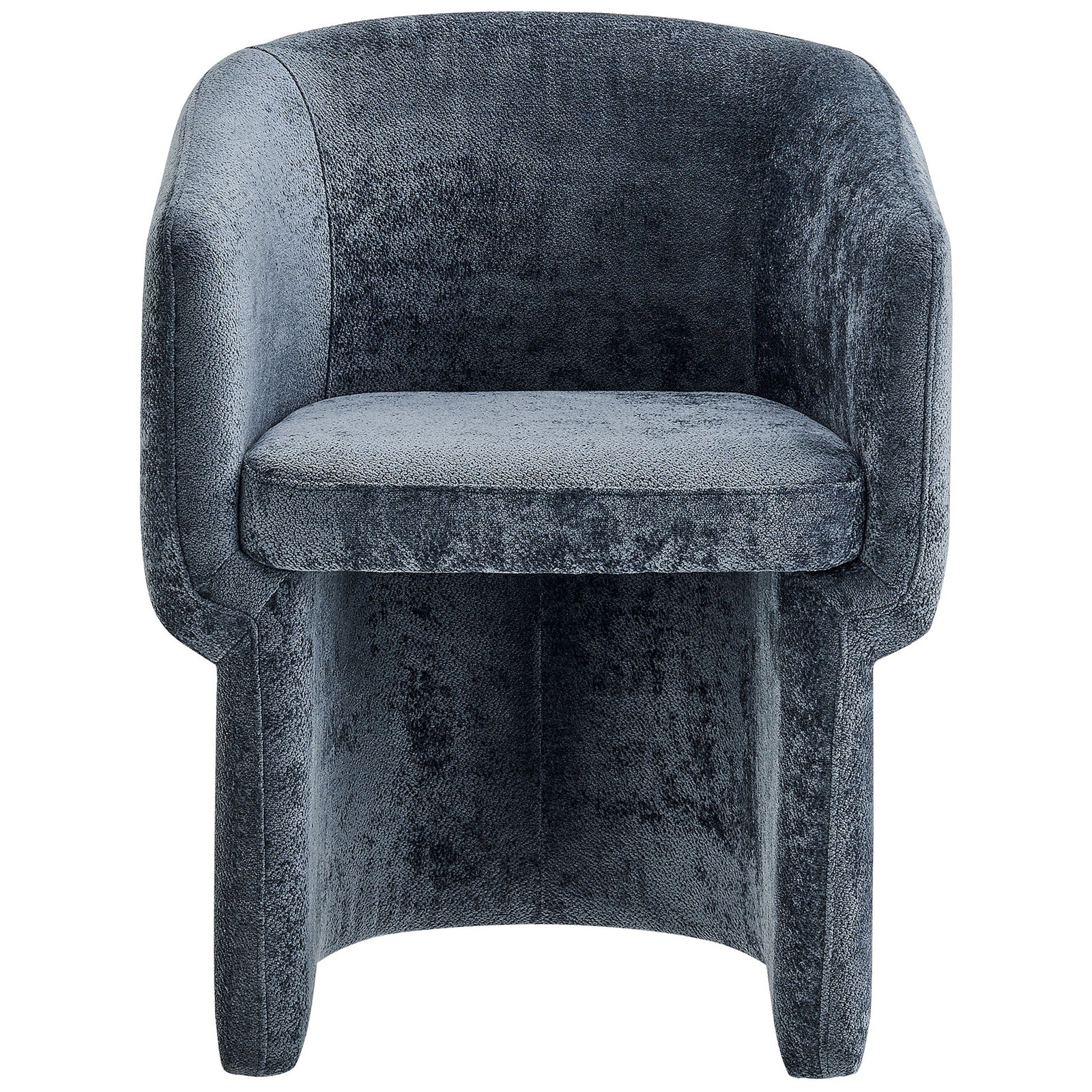 Slate blue chenille barrel armchair featuring inset seat and tailored sculptural base || EEI-6951-SLA || front_studio