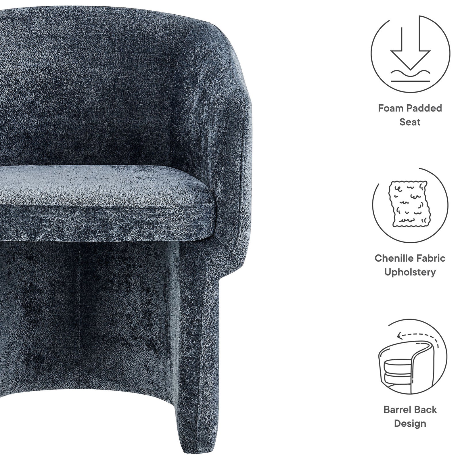 Slate blue barrel armchair with foam padded seat, chenille upholstery, and barrel back design || EEI-6951-SLA || callout_studio