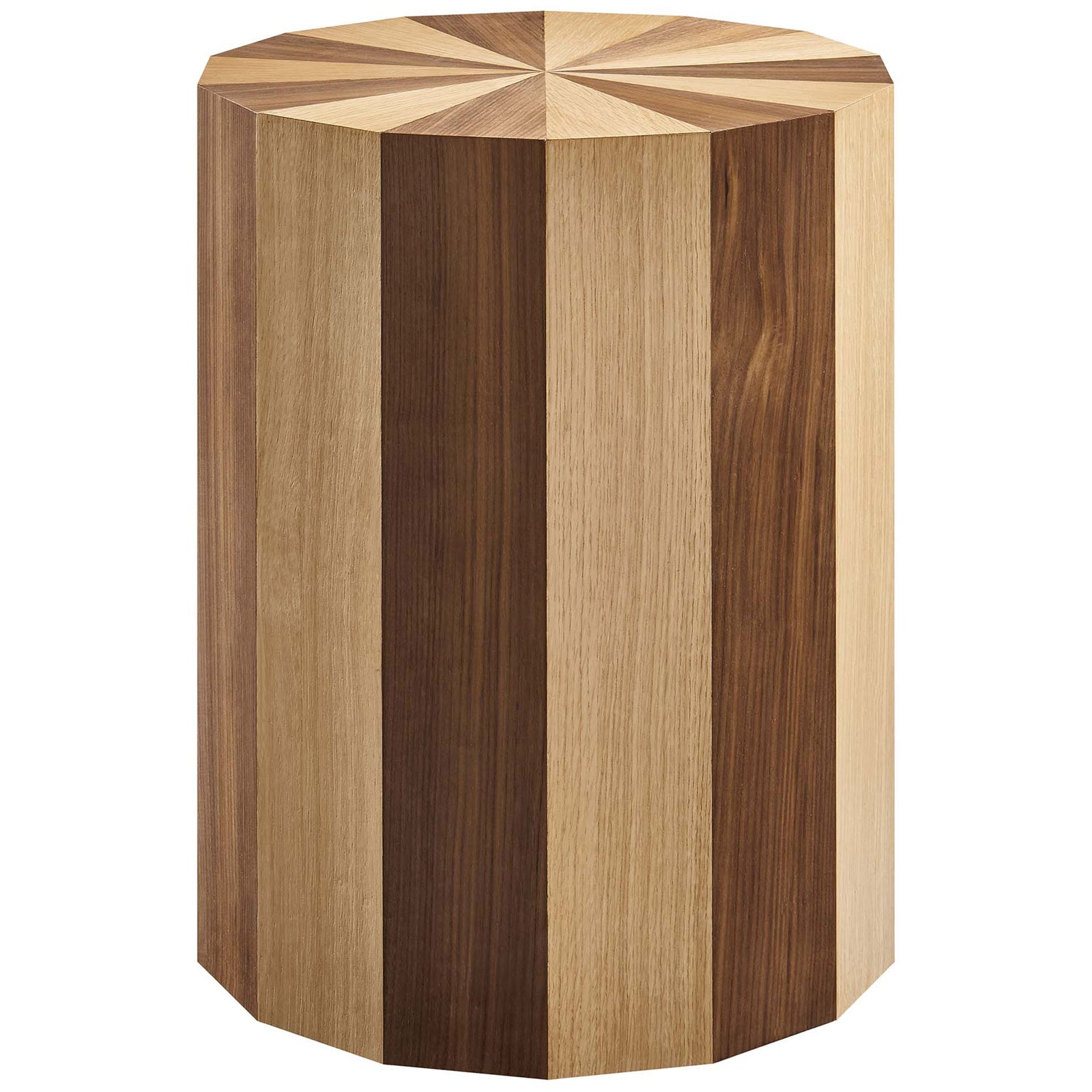 Two-toned oak and walnut veneer side table with striking vertical wood panel pattern || EEI-6952-OAK-WAL || front_studio