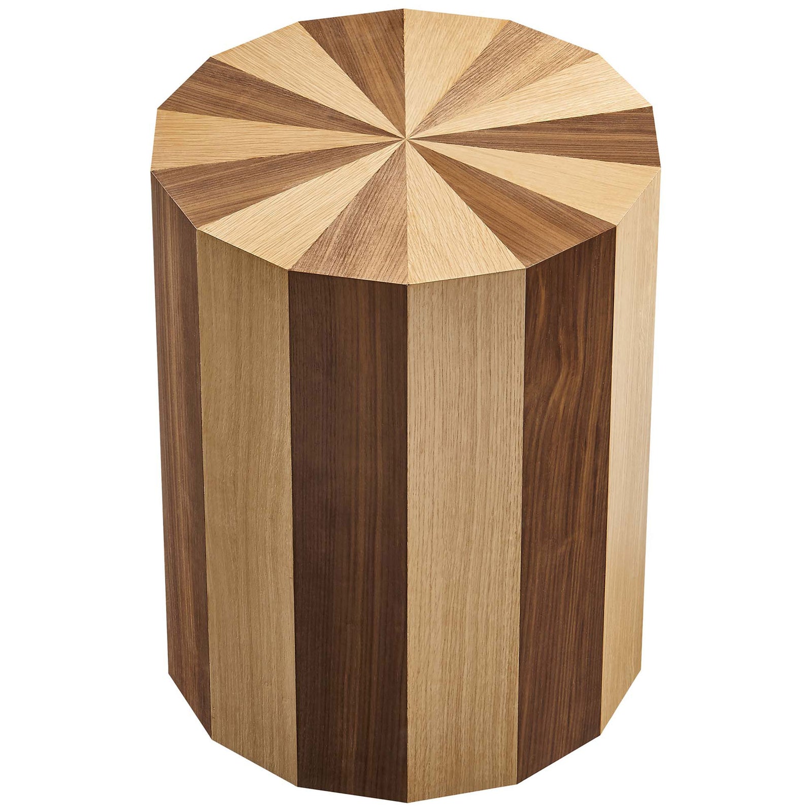 Twirl round side table showcasing its striking oak and walnut starburst wood veneer top || EEI-6952-OAK-WAL || top_angle_studio