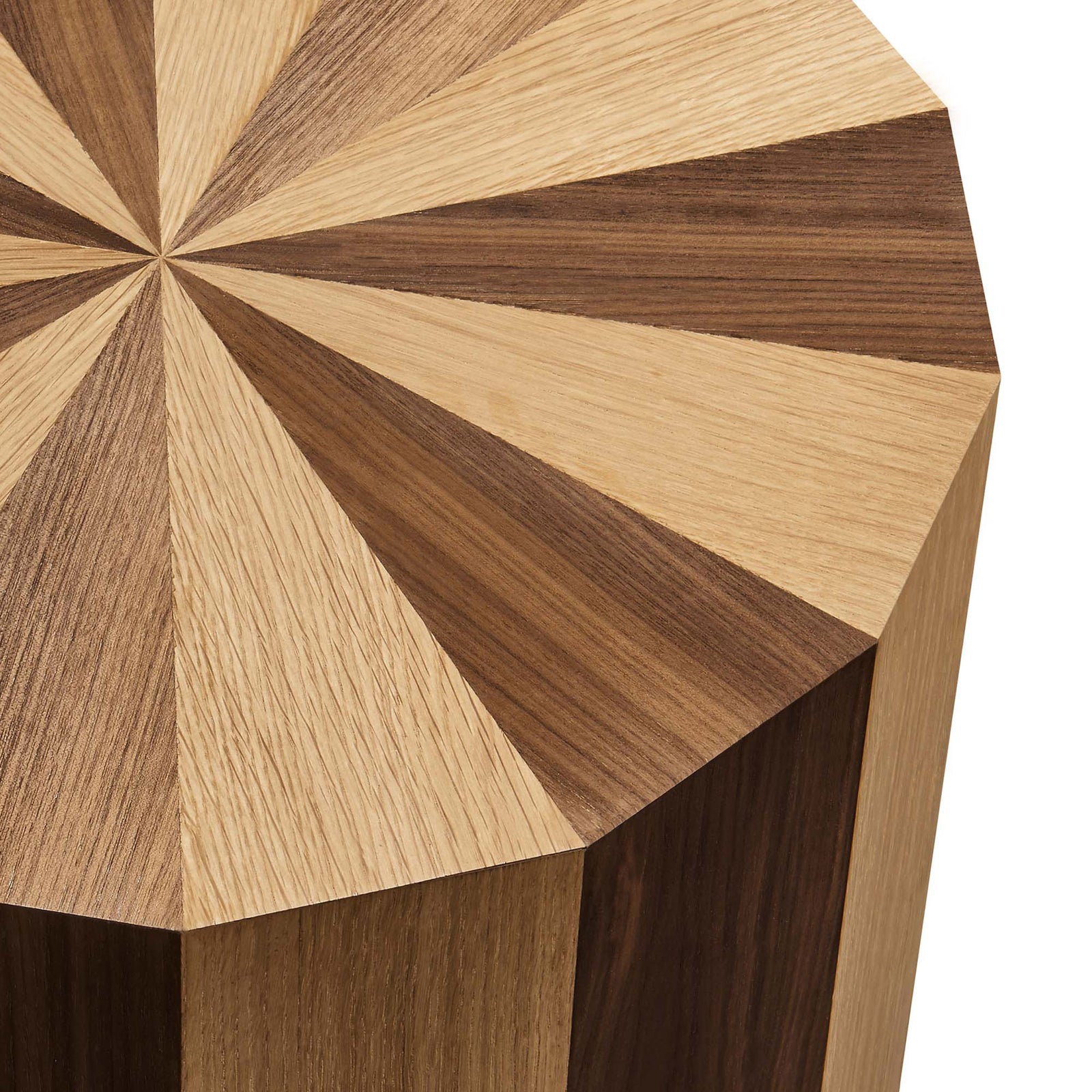 Detailed look at the finely joined oak and walnut veneer panels on the Twirl side table || EEI-6952-OAK-WAL || detail_studio