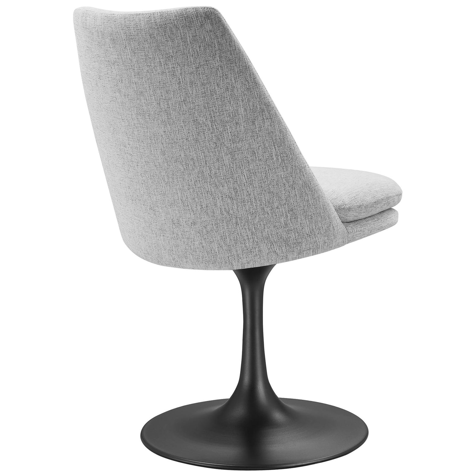 Softly tapered heathered gray backrest flowing into a sculptural black swivel pedestal chair base || EEI-6953-BLK-HLG || back_angle_studio