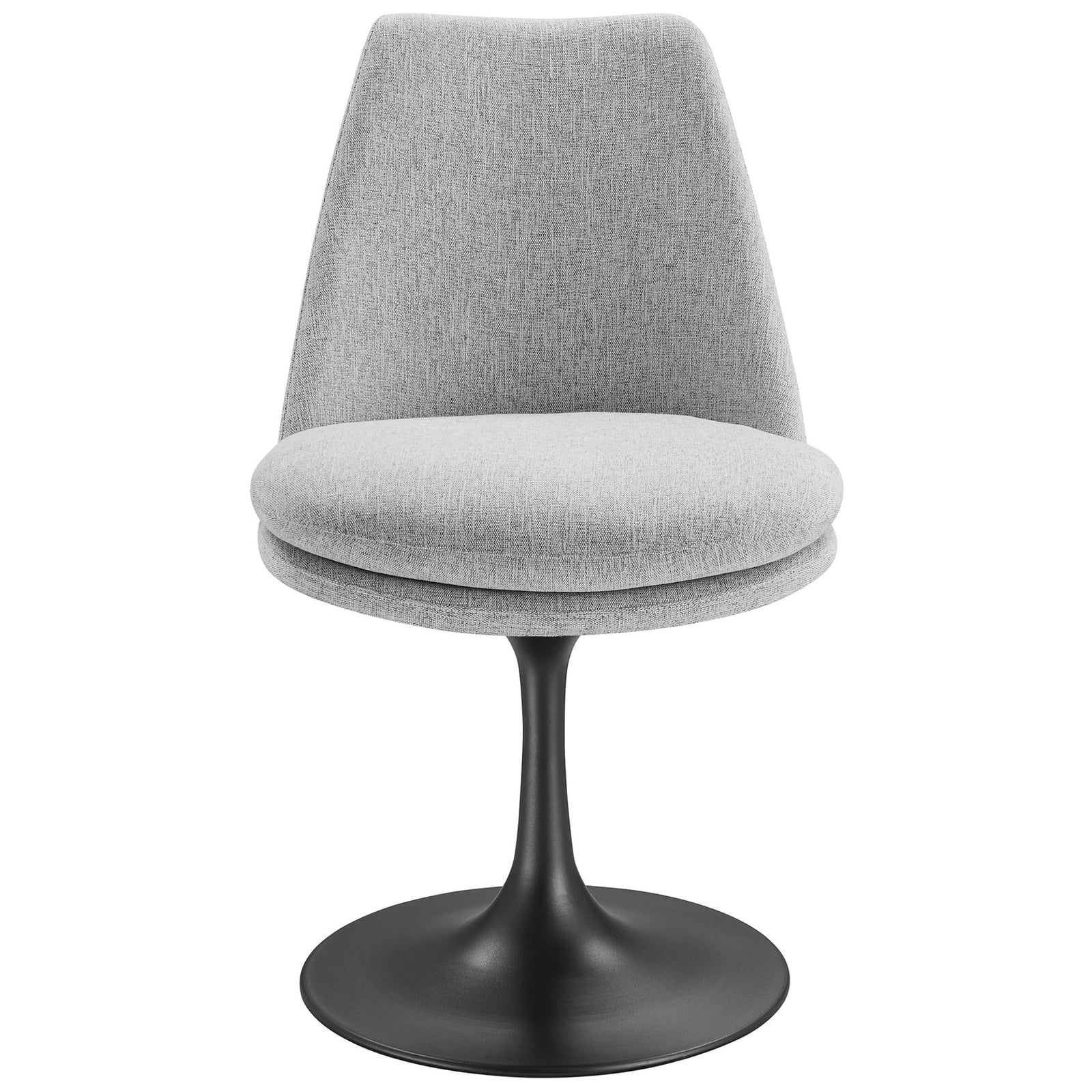 Gray upholstered swivel dining chair with slim high back and black pedestal base for a sleek modern look || EEI-6953-BLK-HLG || front_studio