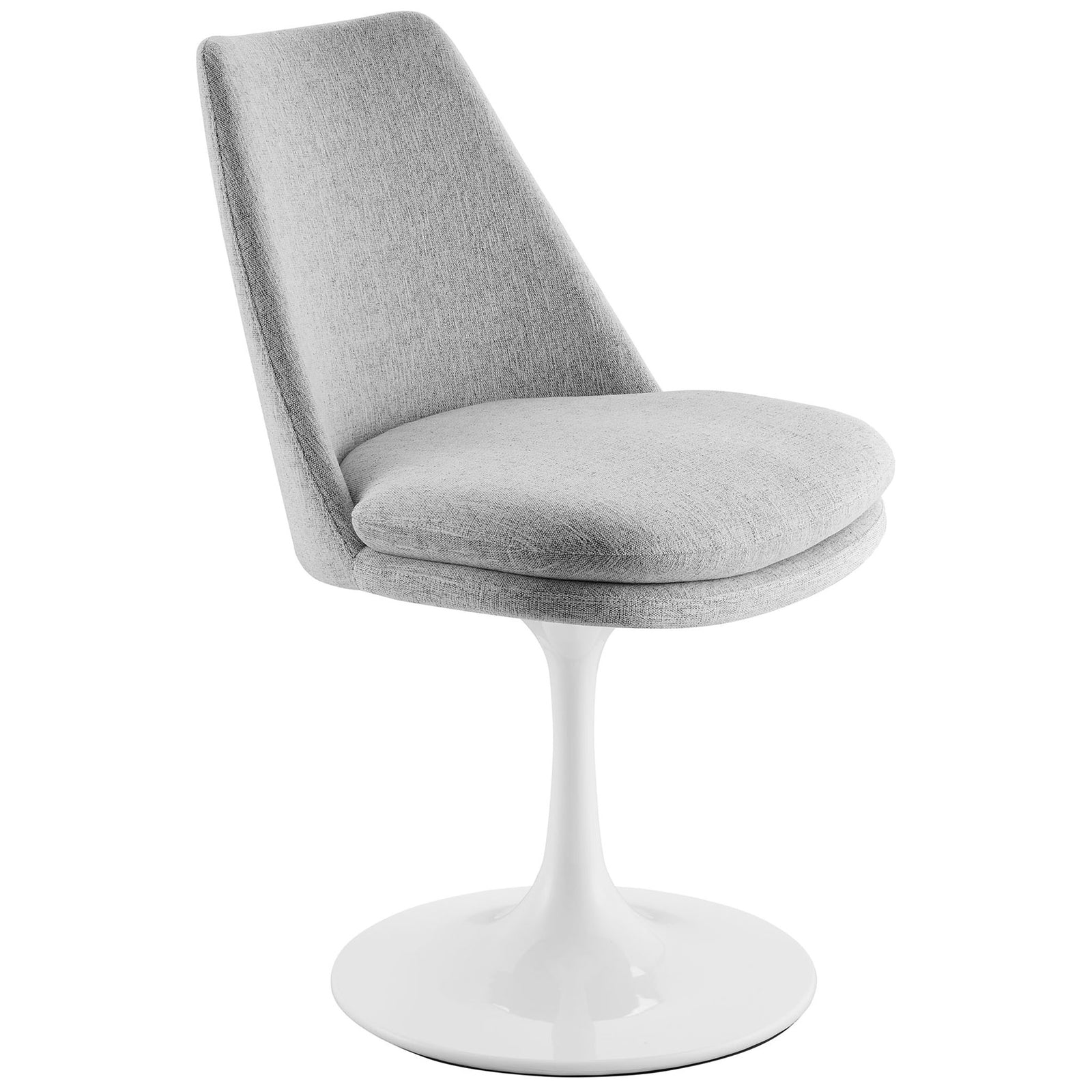Curved back light gray fabric dining chair with plush seat cushion on a sleek white tulip-style pedestal base || EEI-6953-WHI-HLG || front_angle_studio