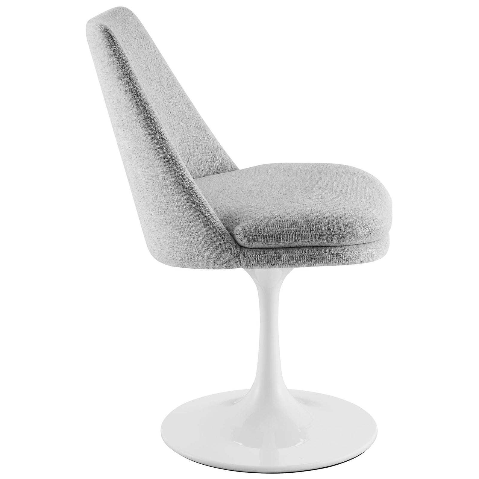 Slim profile light gray upholstered chair with thick cushioned seat and smooth white pedestal base || EEI-6953-WHI-HLG || side_studio