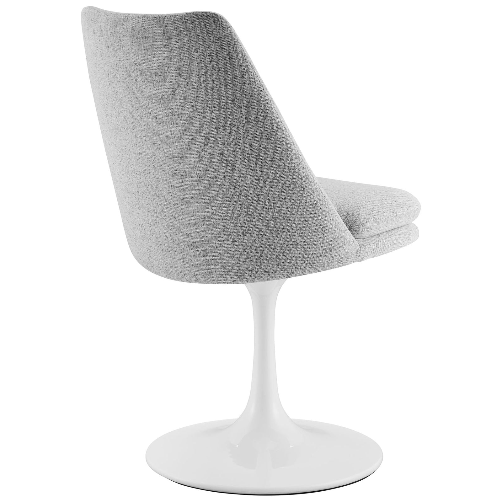 Wraparound light gray upholstered backrest paired with sculptural white pedestal base for a sleek modern look || EEI-6953-WHI-HLG || back_angle_studio