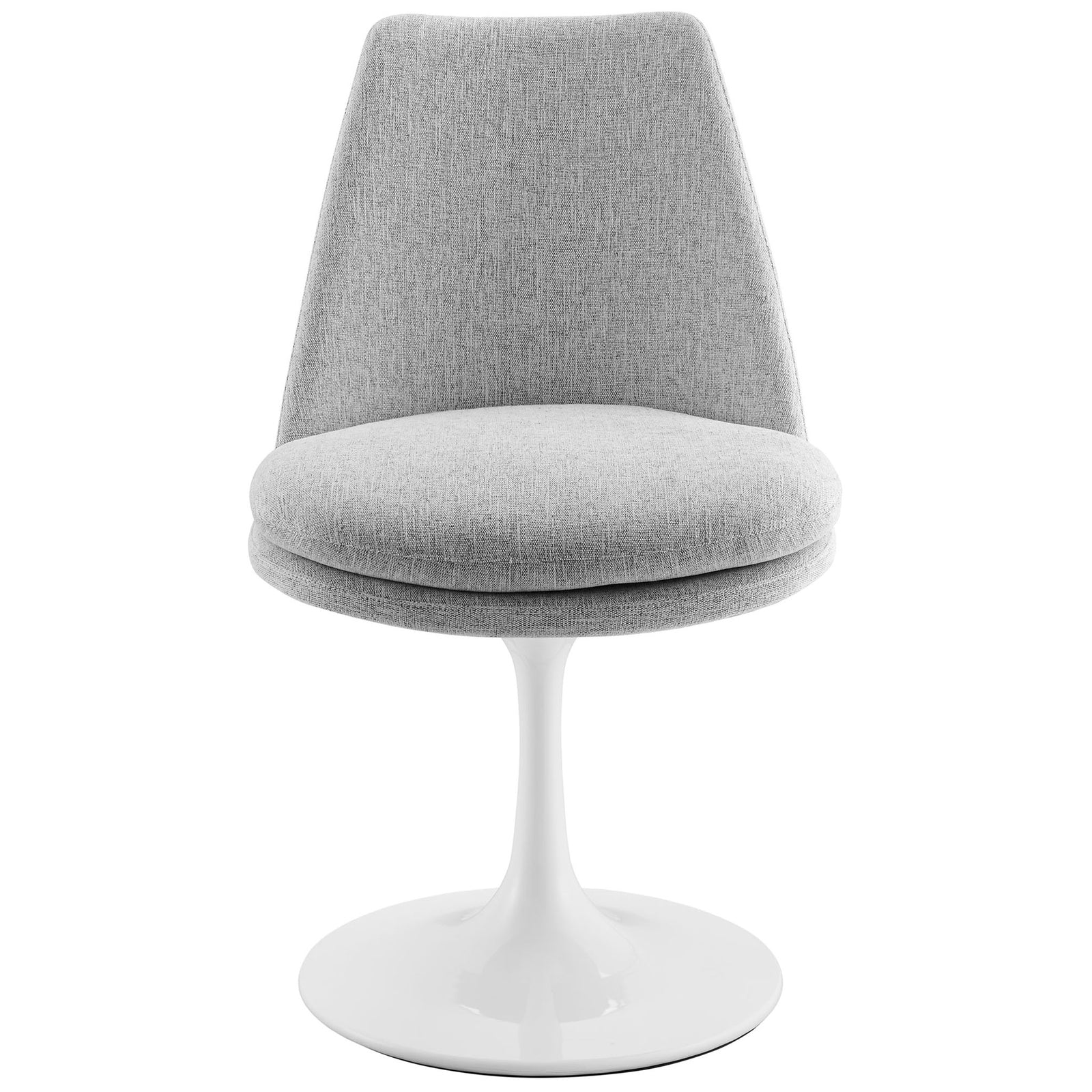 Modern light gray upholstered swivel dining chair with white pedestal base and gently tapered back || EEI-6953-WHI-HLG || front_studio