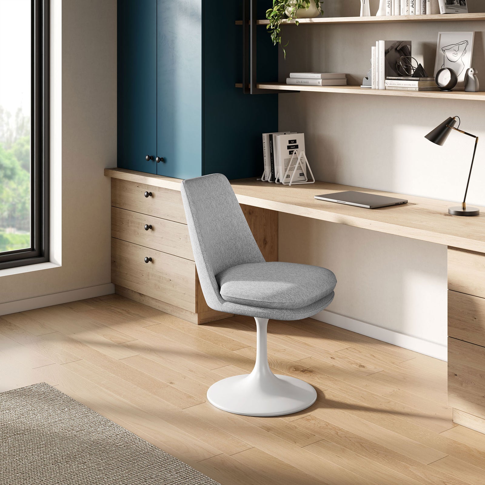 Light gray swivel dining chair used as an office chair at a modern built-in wood desk || EEI-6953-WHI-HLG || front_angle_room