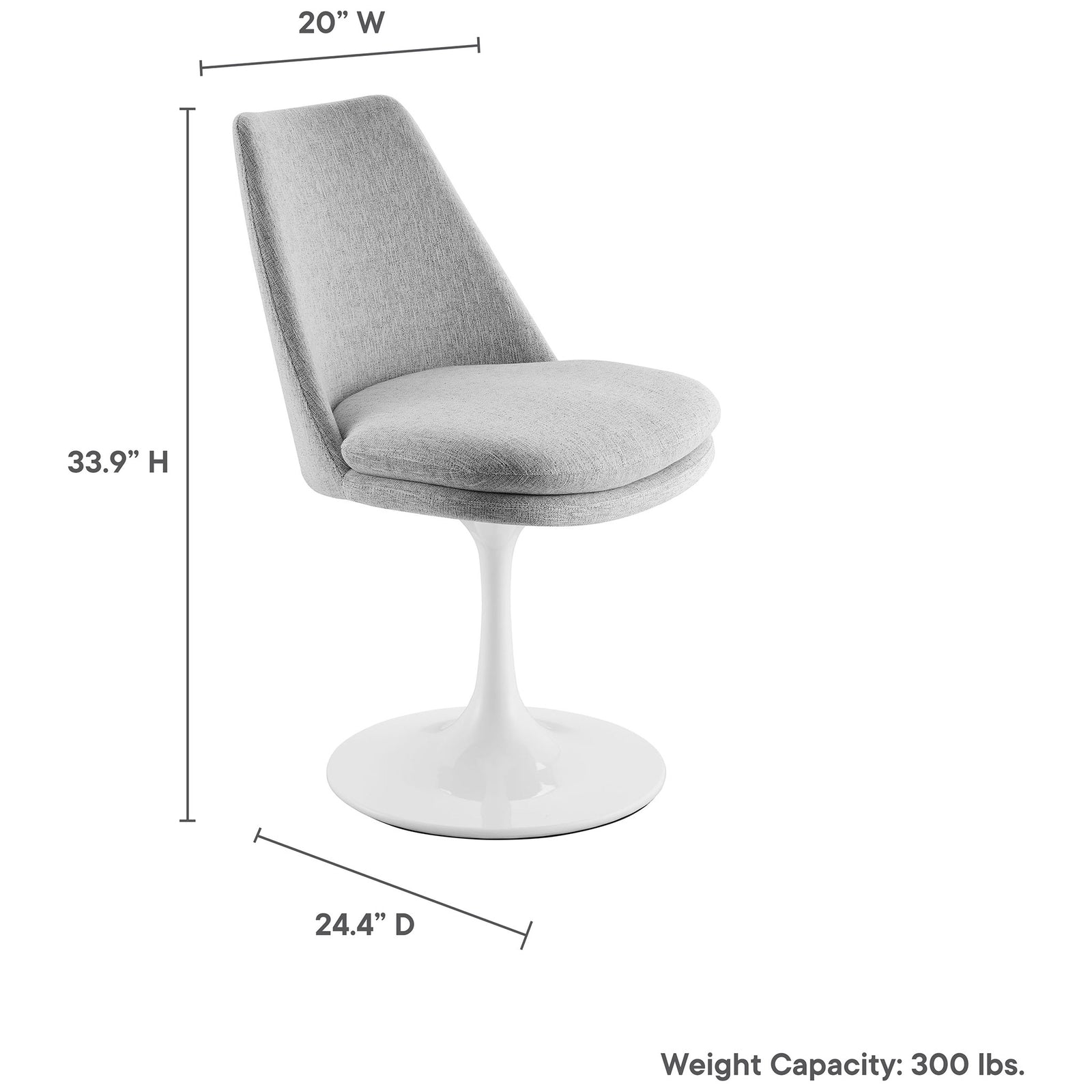 Light gray swivel dining chair on white pedestal base with printed dimensions and 300 pound weight capacity || EEI-6953-WHI-HLG || dimension_studio