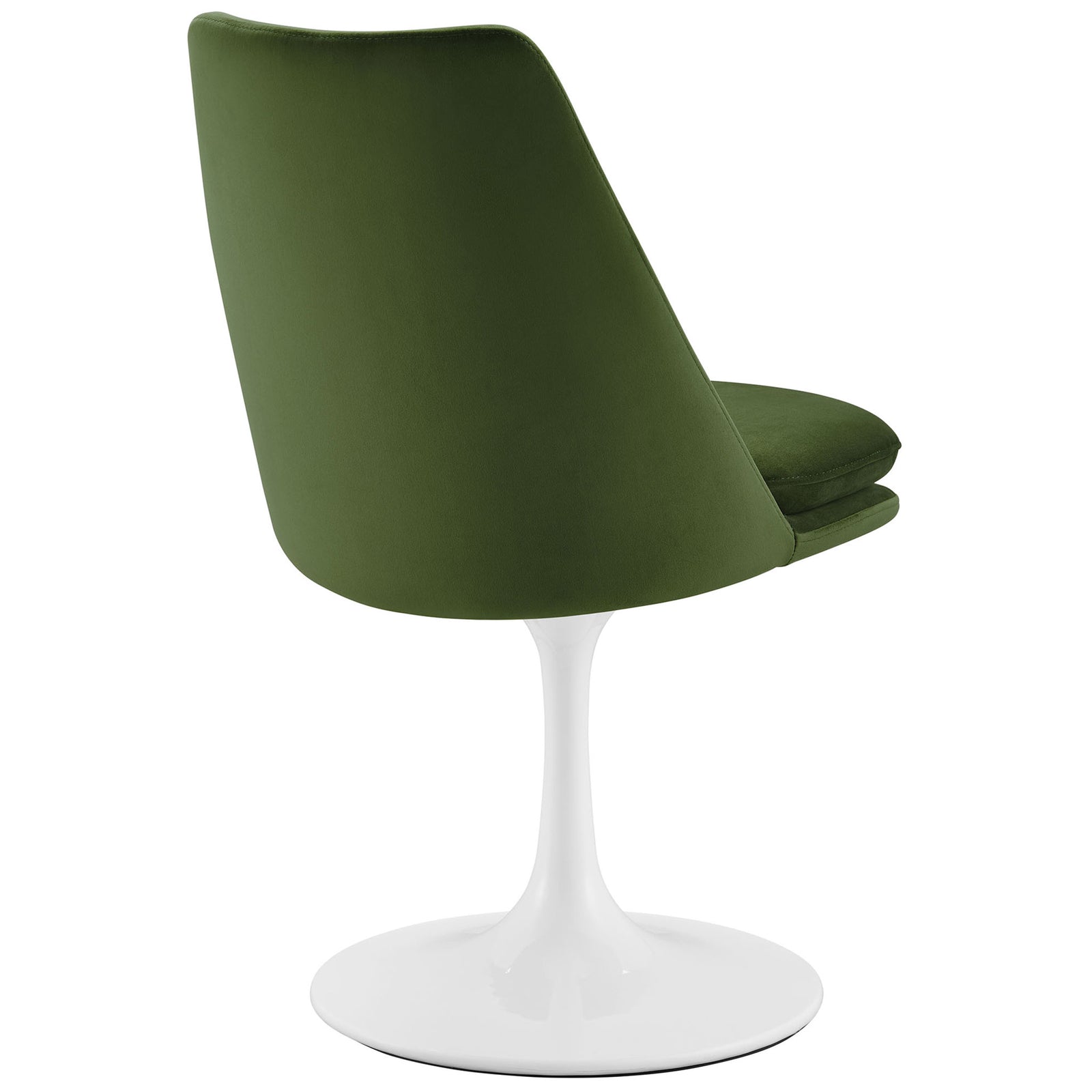 Moss green velvet dining chair with smooth full-height backrest and glossy white pedestal base || EEI-6954-WHI-MOG || back_studio