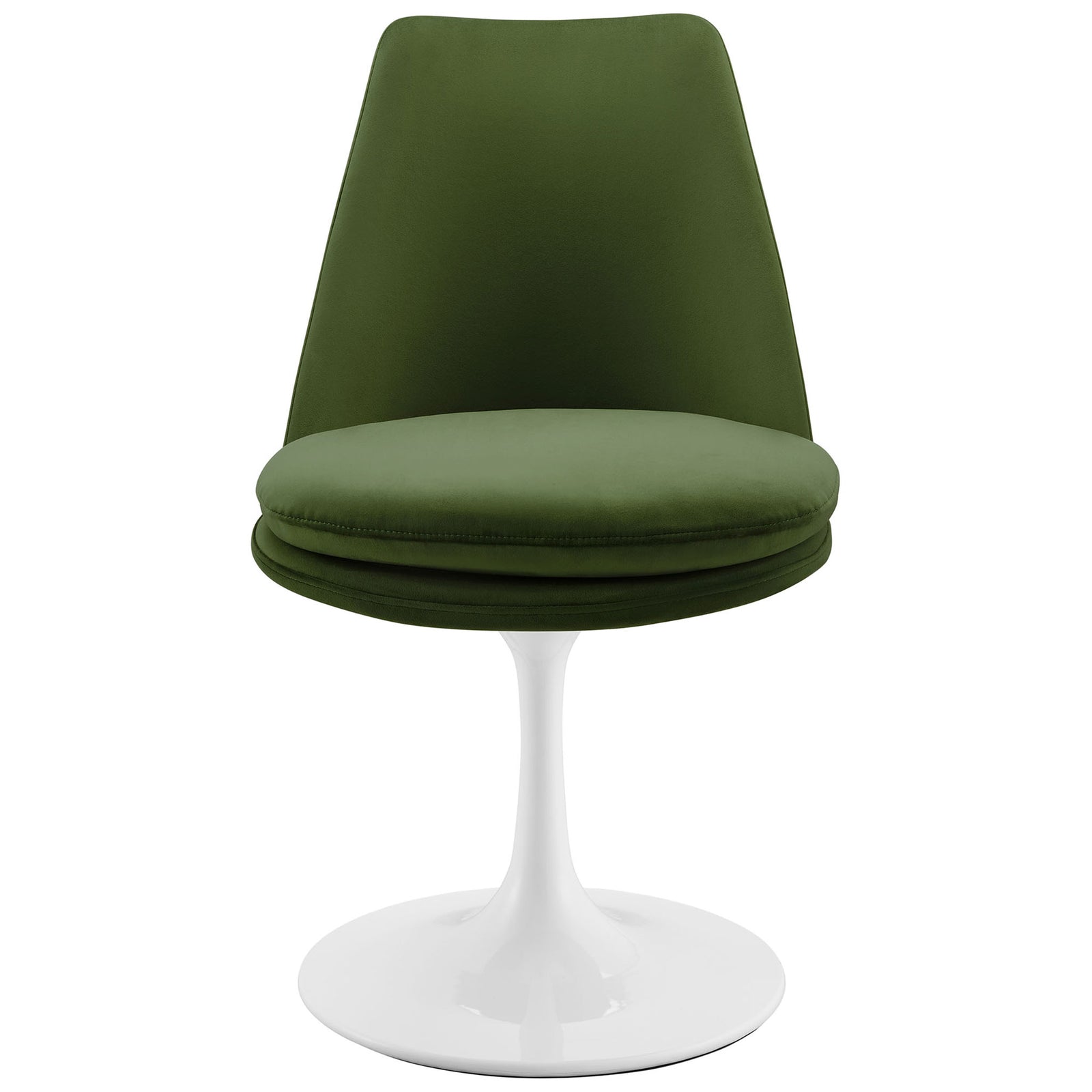 Green velvet Lippa swivel dining chair with white pedestal base and plush round seat || EEI-6954-WHI-MOG || front_studio