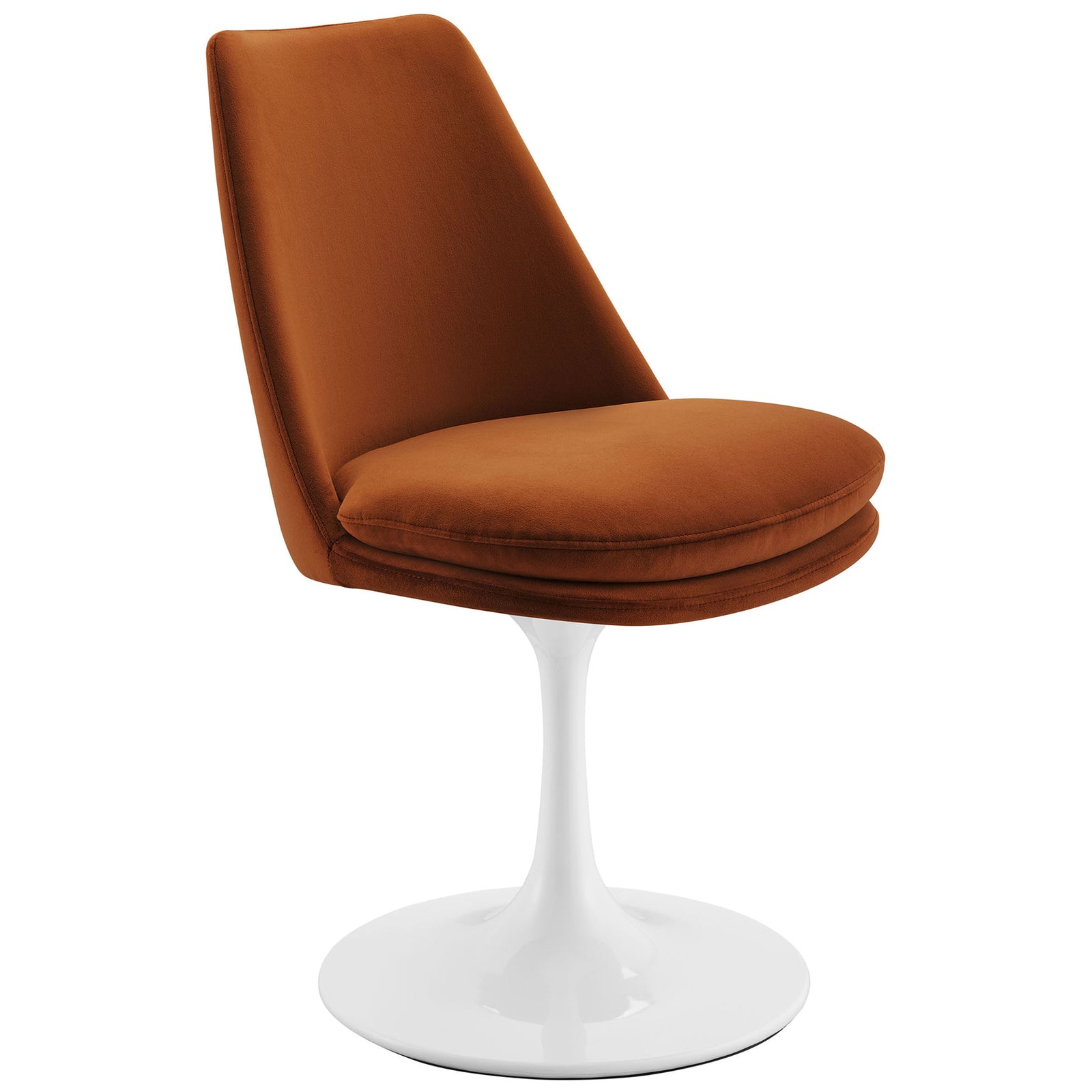 Curved high back rust velvet chair brings modern comfort with its sculpted seat and tulip pedestal base || EEI-6954-WHI-RUS || front_angle_studio