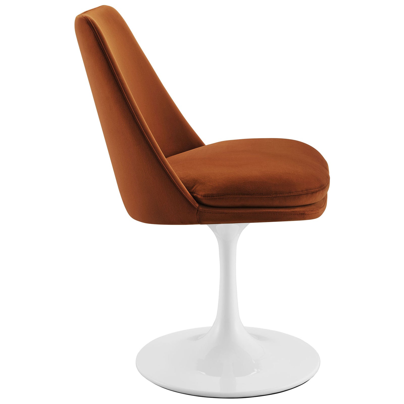 Slim profile shows the gently reclined back and layered performance velvet cushion for relaxed dining || EEI-6954-WHI-RUS || side_studio