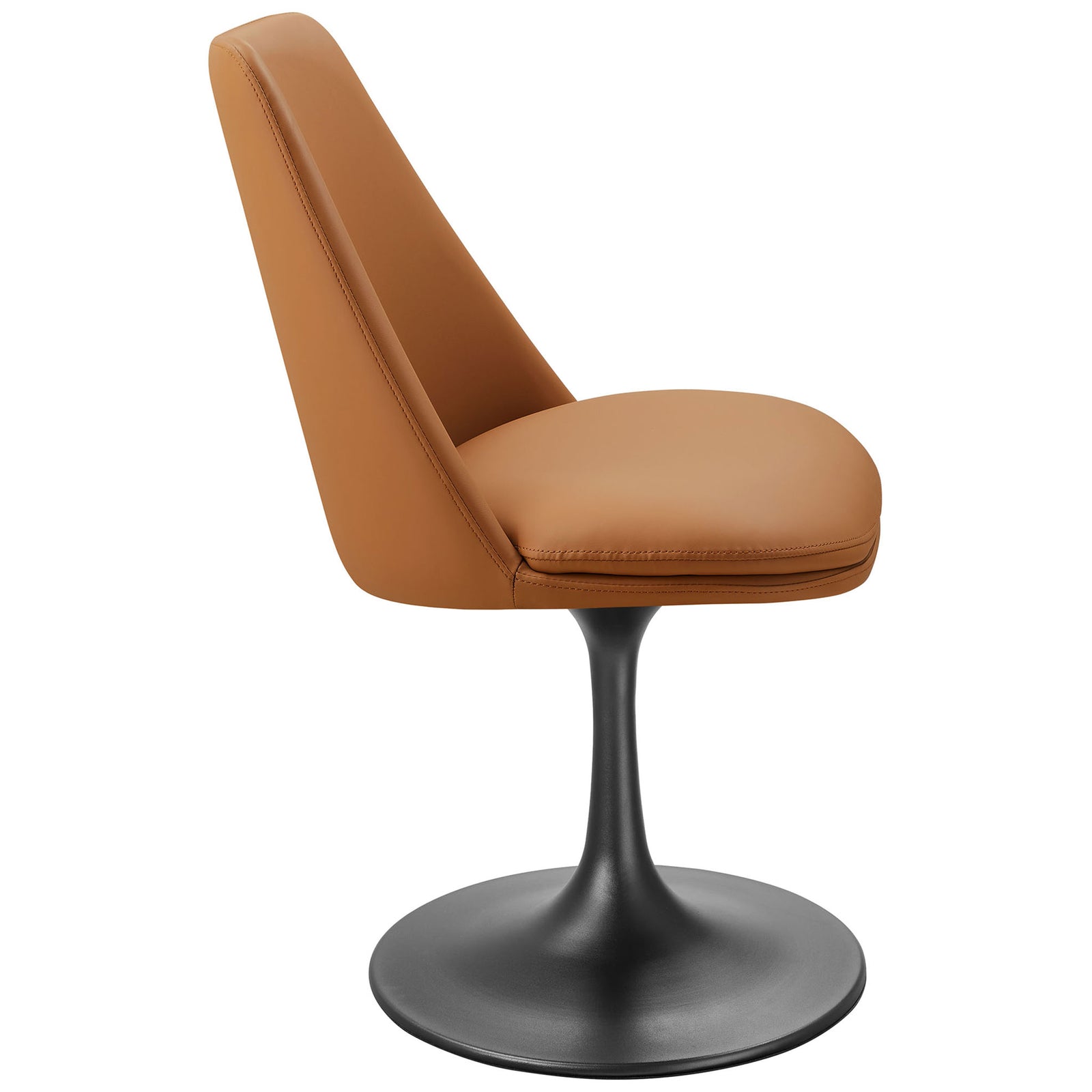 The Lippa tan vegan leather chair highlighting its gently reclined back and sculptural pedestal base || EEI-6955-BLK-TAN || side_studio