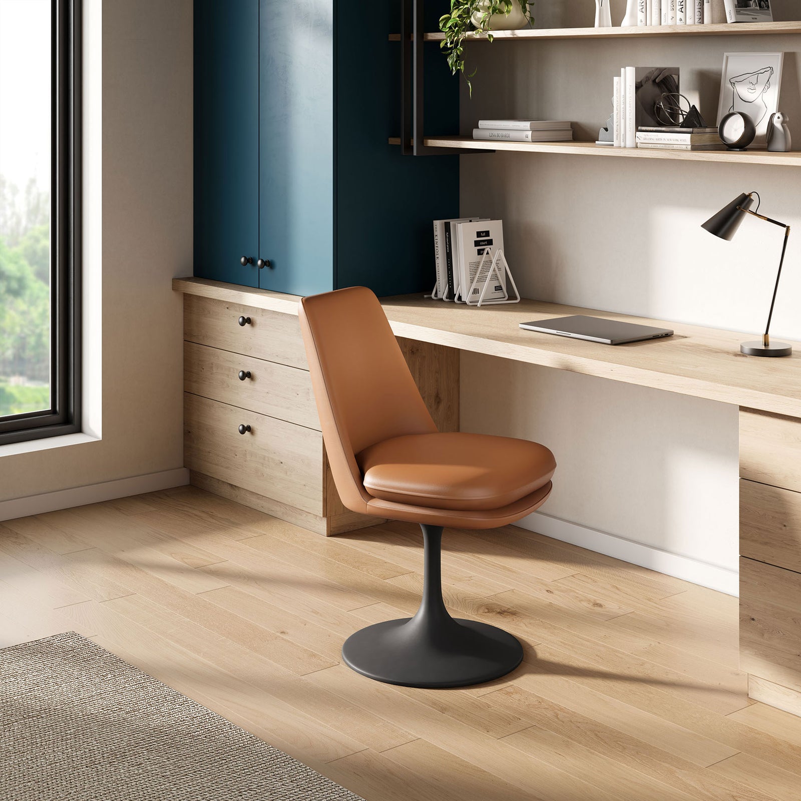 Tan vegan leather Lippa swivel chair adding modern comfort to a light wood home office desk setup || EEI-6955-BLK-TAN || front_angle_room