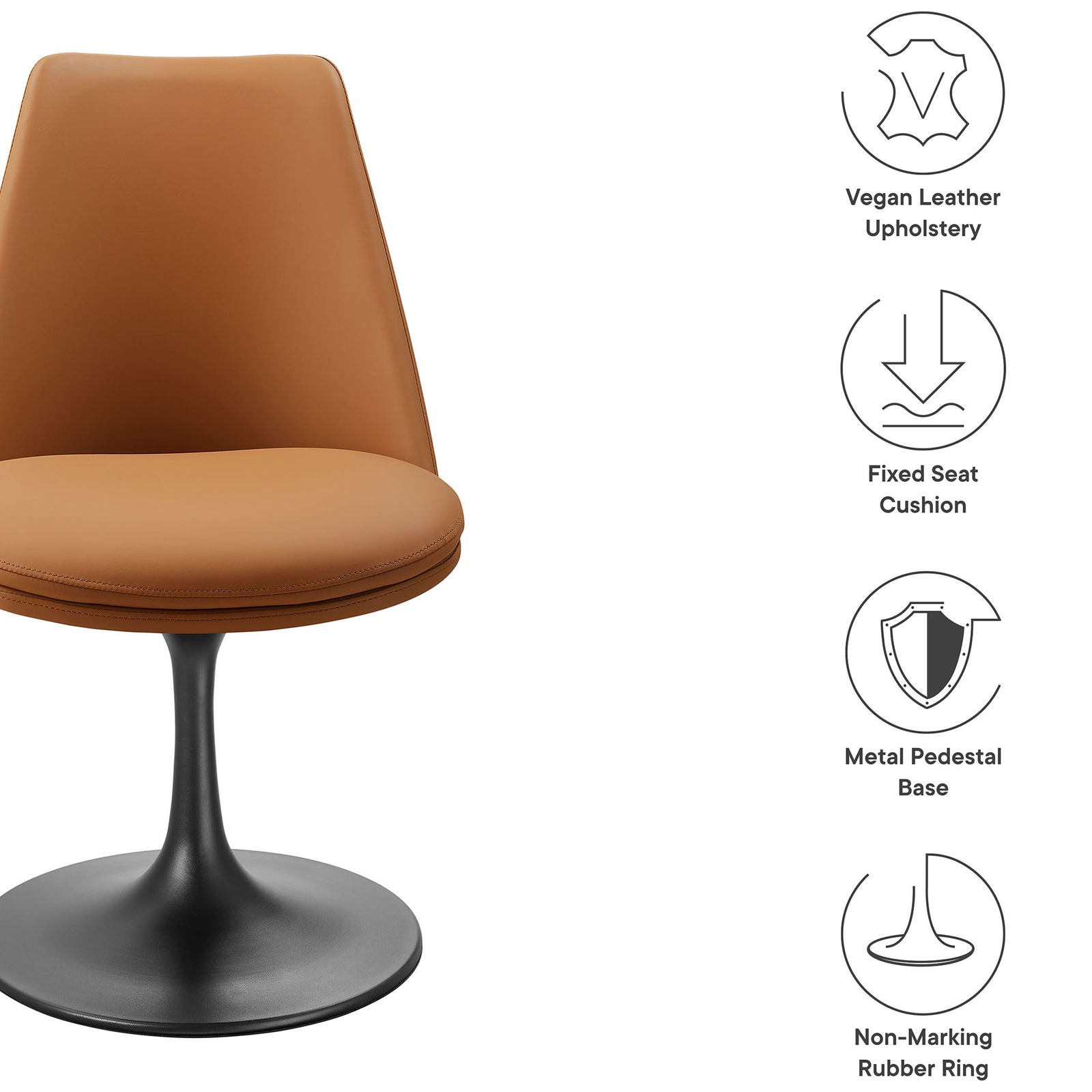 Lippa tan vegan leather swivel chair with callouts for upholstery, seat cushion, pedestal base, and floor protection || EEI-6955-BLK-TAN || callout_studio