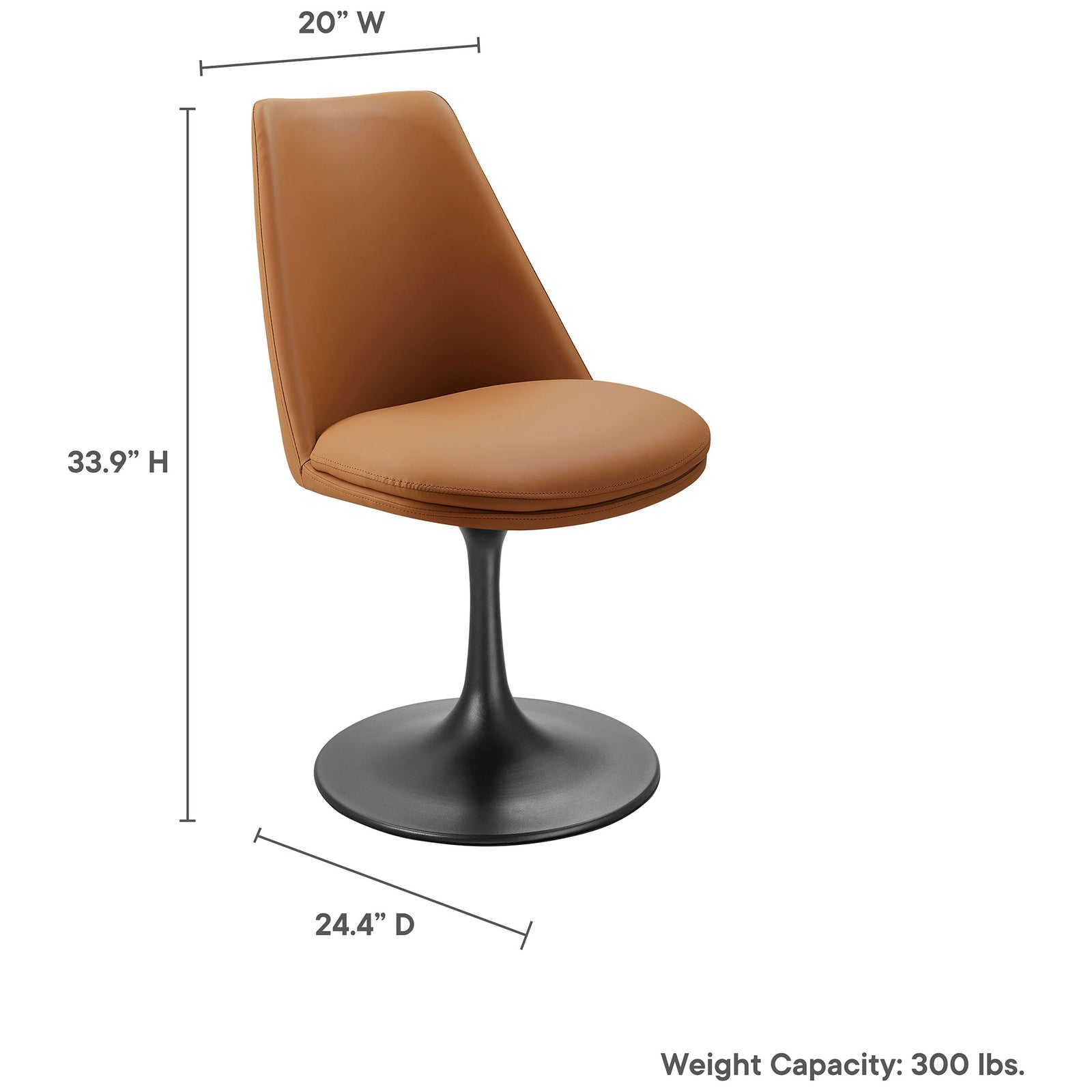 Lippa tan vegan leather swivel dining chair shown with height, width, depth, and weight capacity measurements || EEI-6955-BLK-TAN || dimension_studio