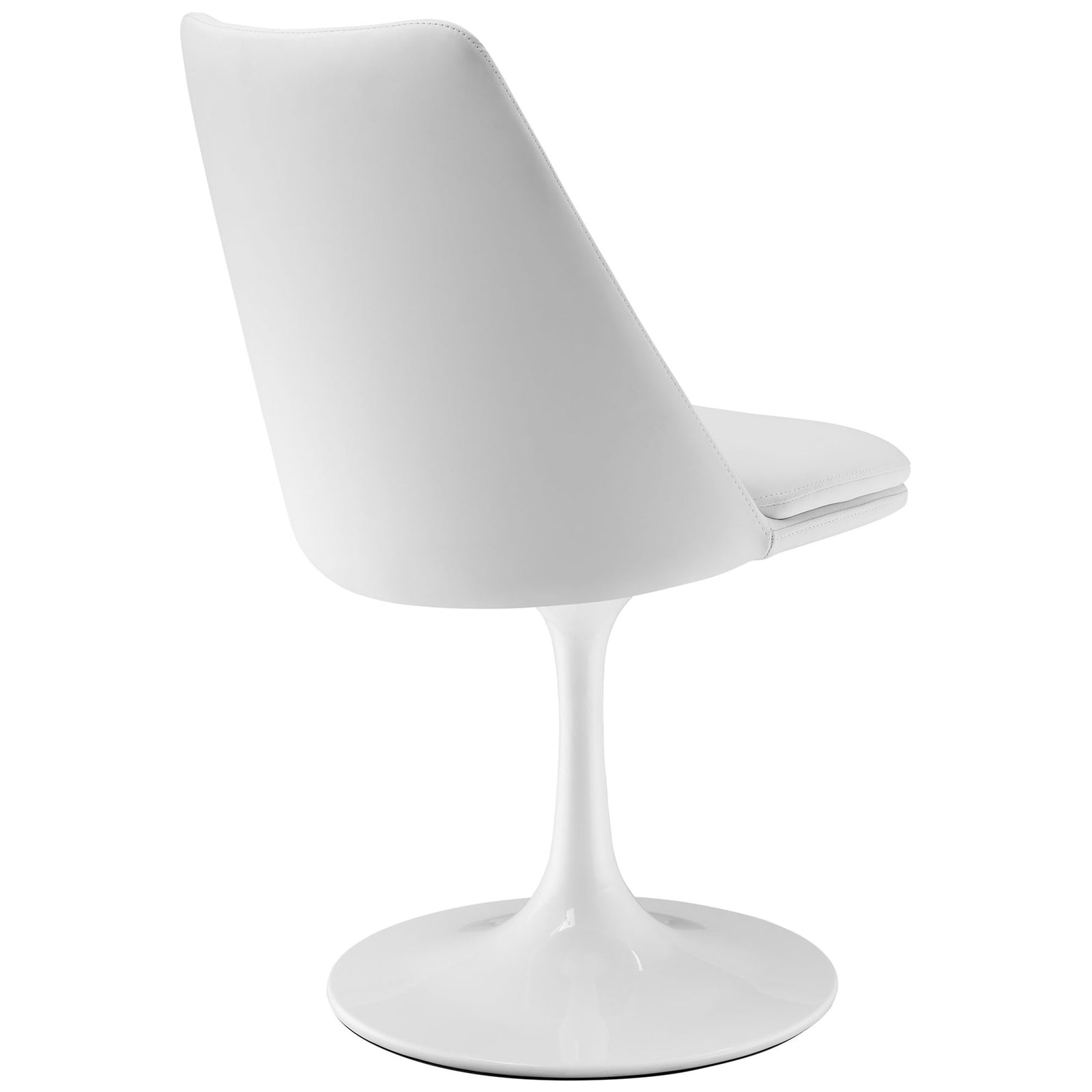 Curved white vegan leather backrest tapering into a smooth glossy pedestal base for a clean modern profile || EEI-6955-WHI-WHI || back_angle_studio
