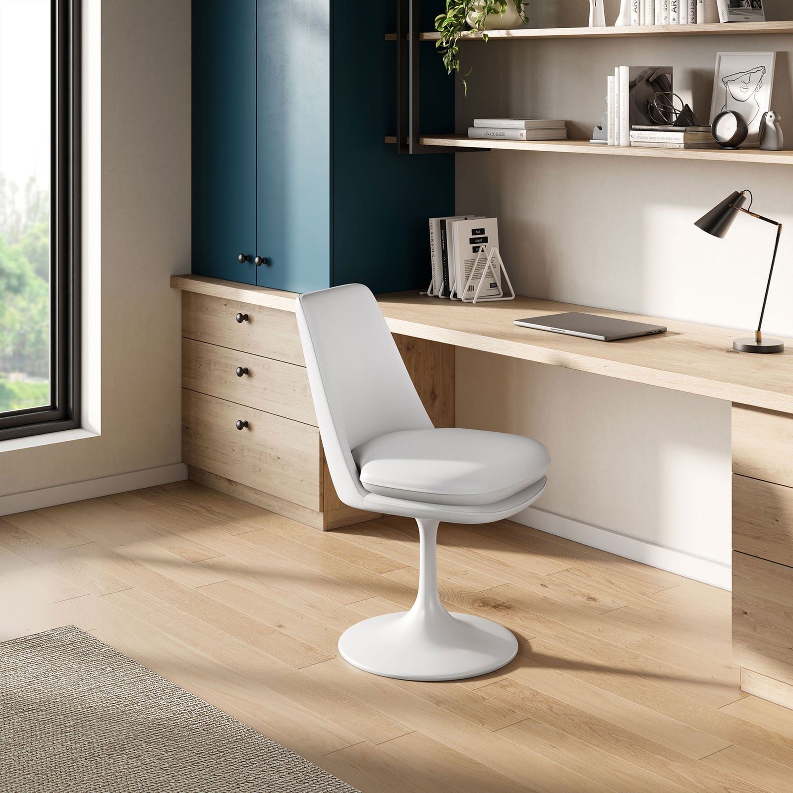 White swivel dining chair used as a modern desk seat beside a light wood workspace in a bright home office || EEI-6955-WHI-WHI || front_angle_room