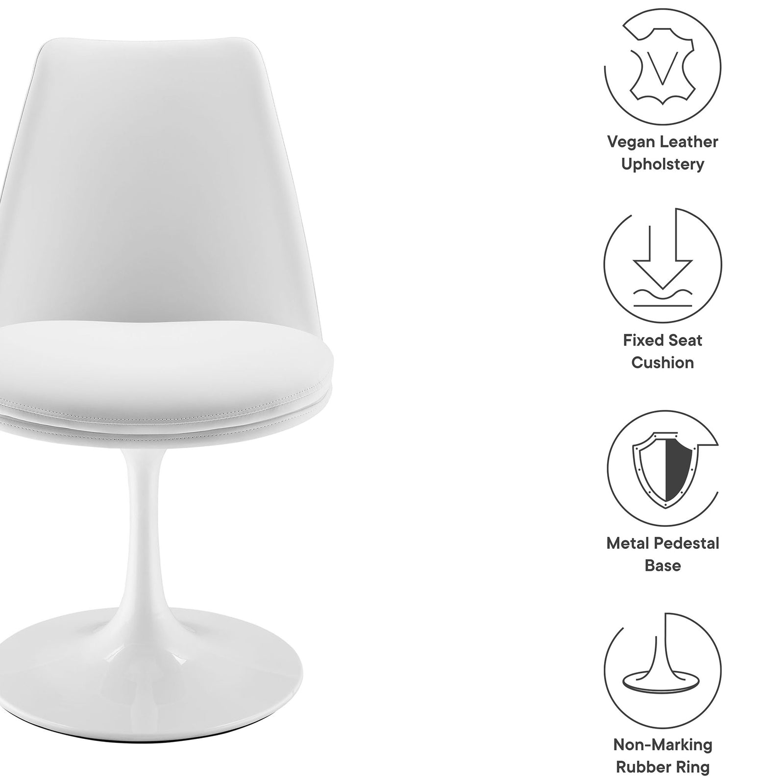 White swivel dining chair with icons for vegan leather, fixed cushion, metal pedestal base, and floor-safe ring || EEI-6955-WHI-WHI || callout_studio