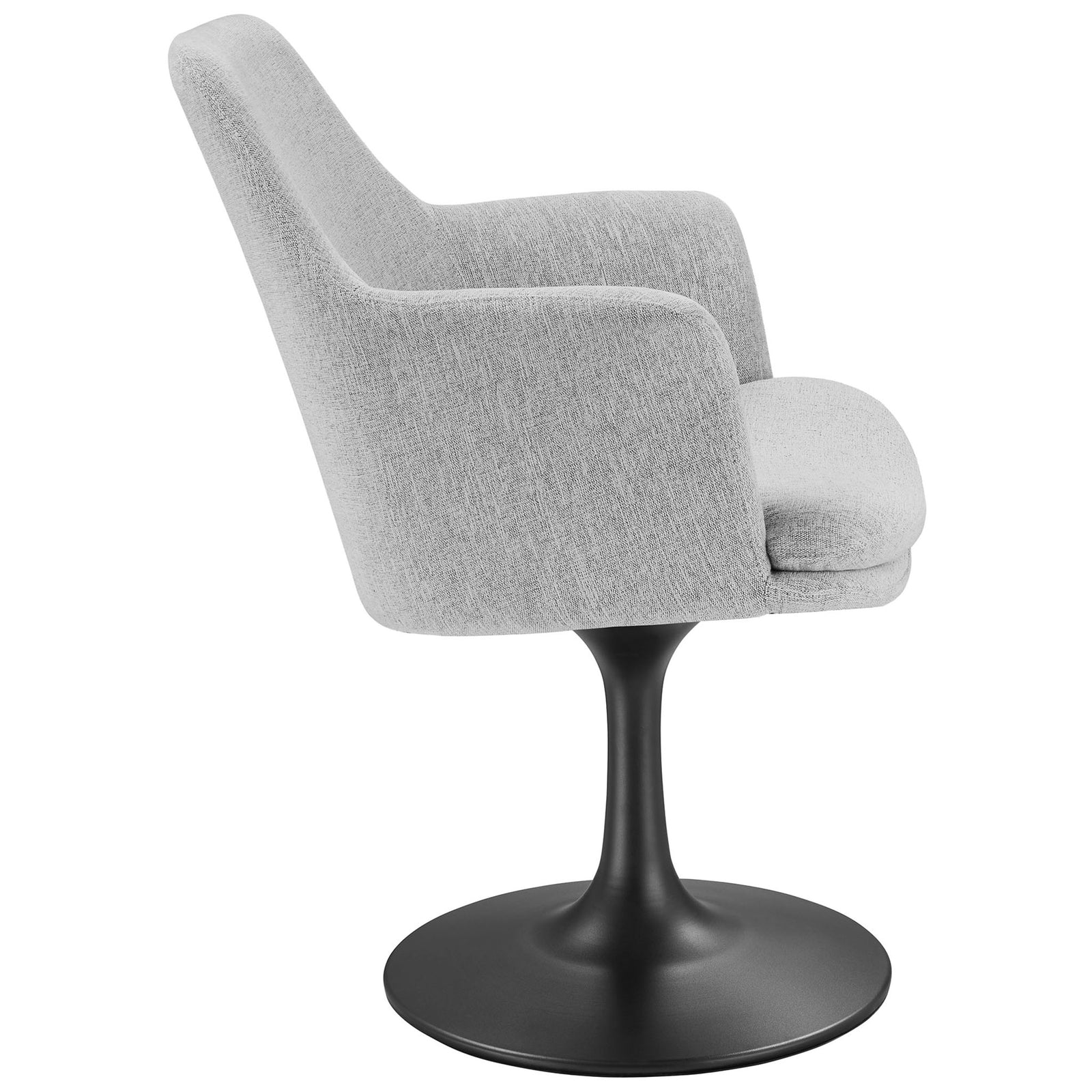 Gray upholstered armchair with gently reclined backrest and slim black pedestal base || EEI-6956-BLK-HLG || side_studio