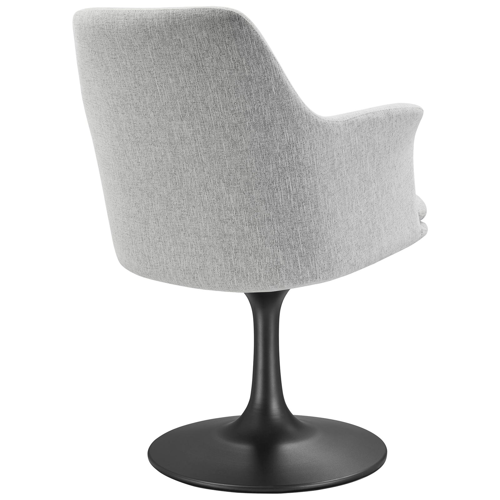 Gray heathered fabric armchair with smooth curved back and black tulip-style pedestal base || EEI-6956-BLK-HLG || back_angle_studio