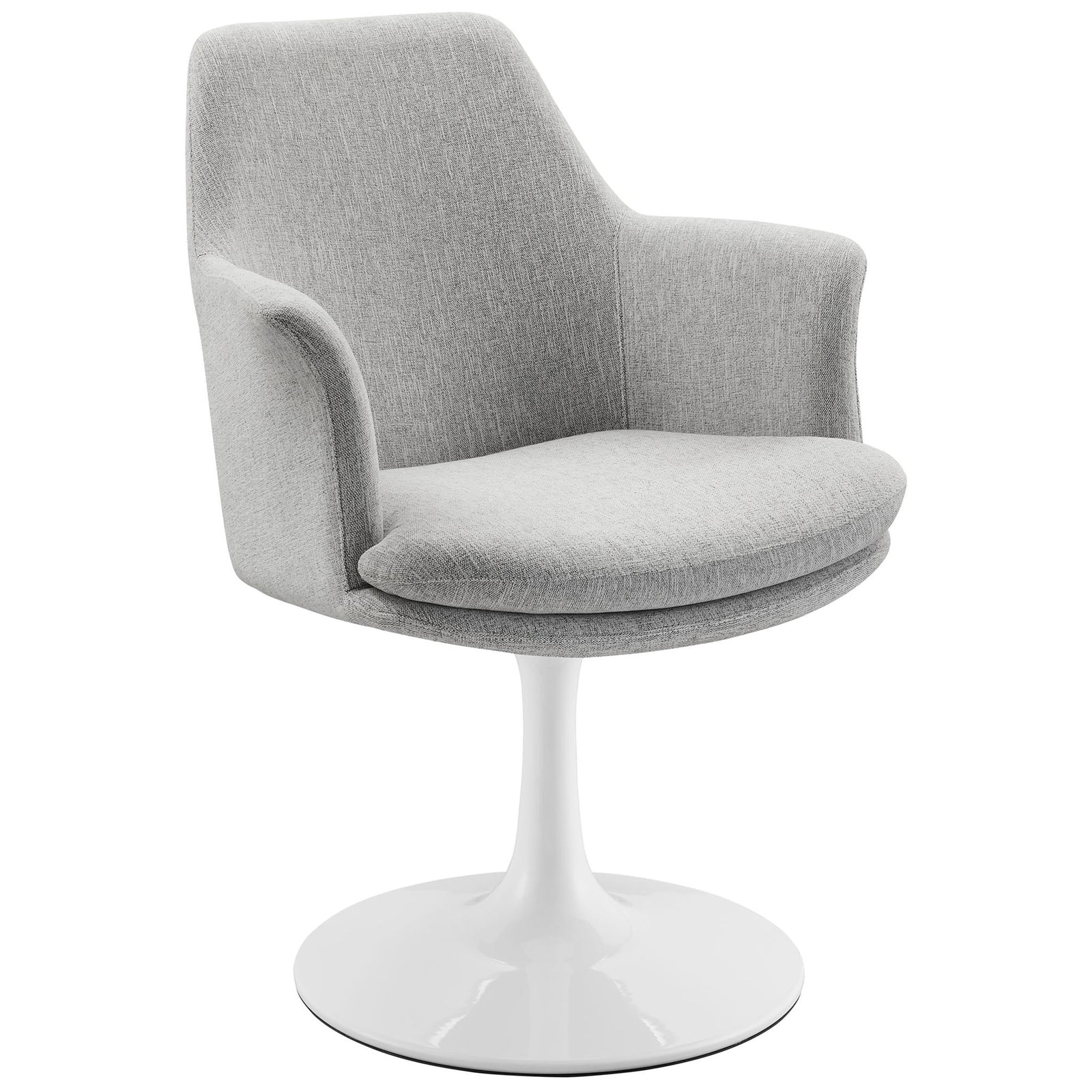 Modern gray swivel dining armchair with gently curved arms and smooth white pedestal base. || EEI-6956-WHI-HLG || front_angle_studio
