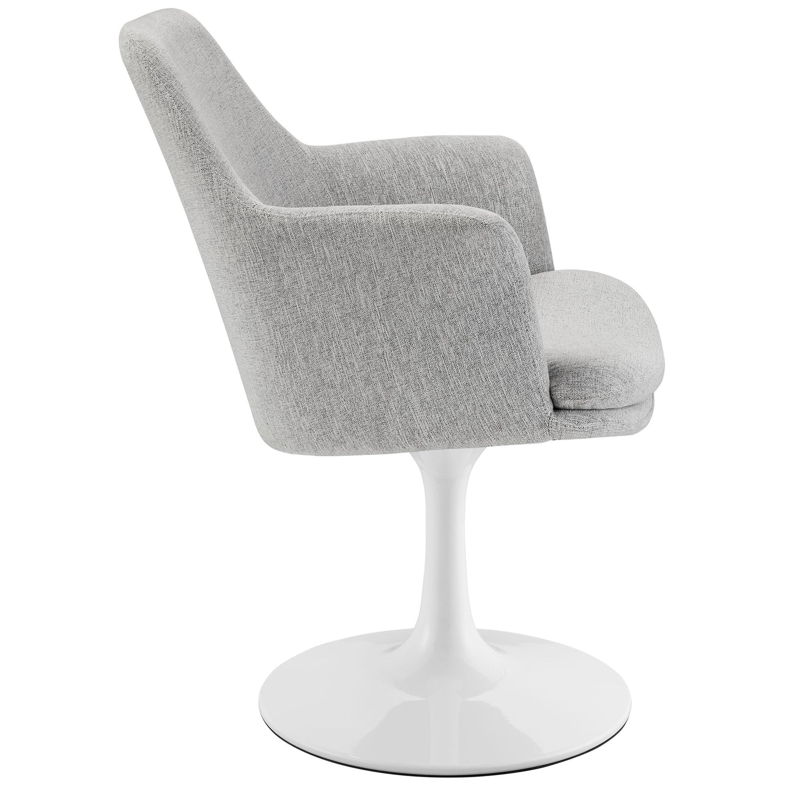 Upholstered swivel armchair showcasing the contoured back, curved arms, and thick seat cushion. || EEI-6956-WHI-HLG || side_studio