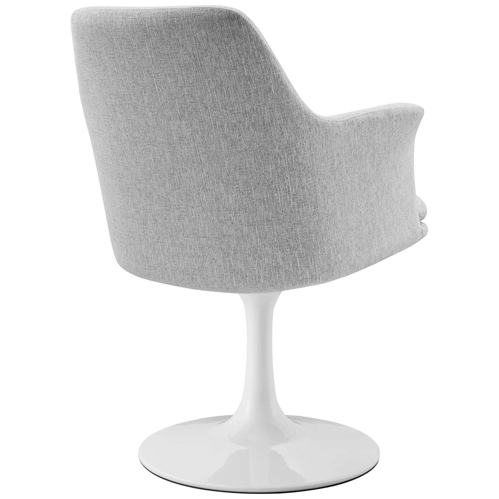 Gray fabric armchair with fully upholstered backrest flowing into arms above a white pedestal base. || EEI-6956-WHI-HLG || back_studio