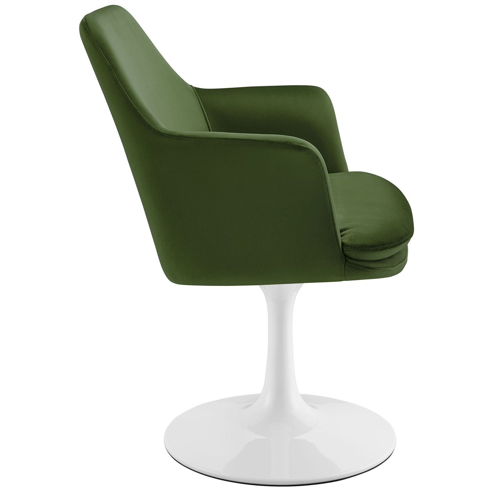 Green velvet swivel dining chair highlighting the slim profile and sleek white pedestal base || EEI-6957-WHI-MOG || side_studio