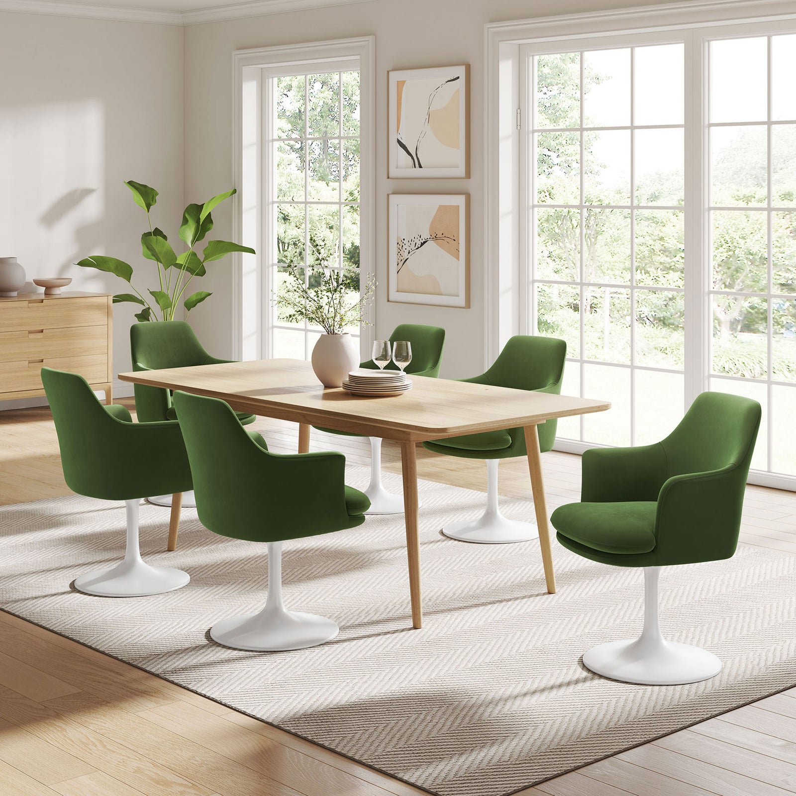 Multiple green velvet swivel armchairs surrounding a light wood dining table in a sunny room || EEI-6957-WHI-MOG || front_angle_room
