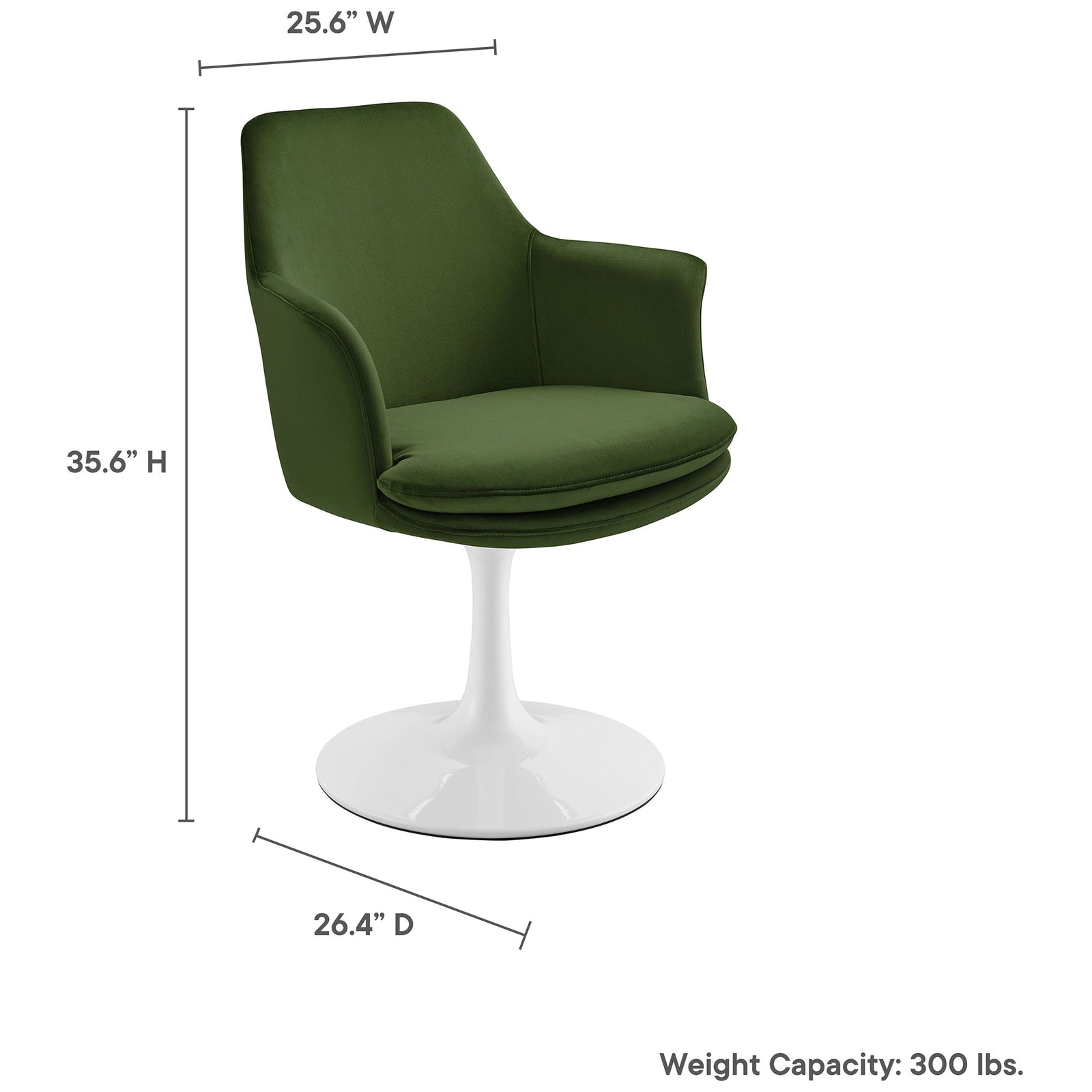 Green velvet swivel dining armchair with labeled dimensions and 300 lb weight capacity text || EEI-6957-WHI-MOG || dimension_studio