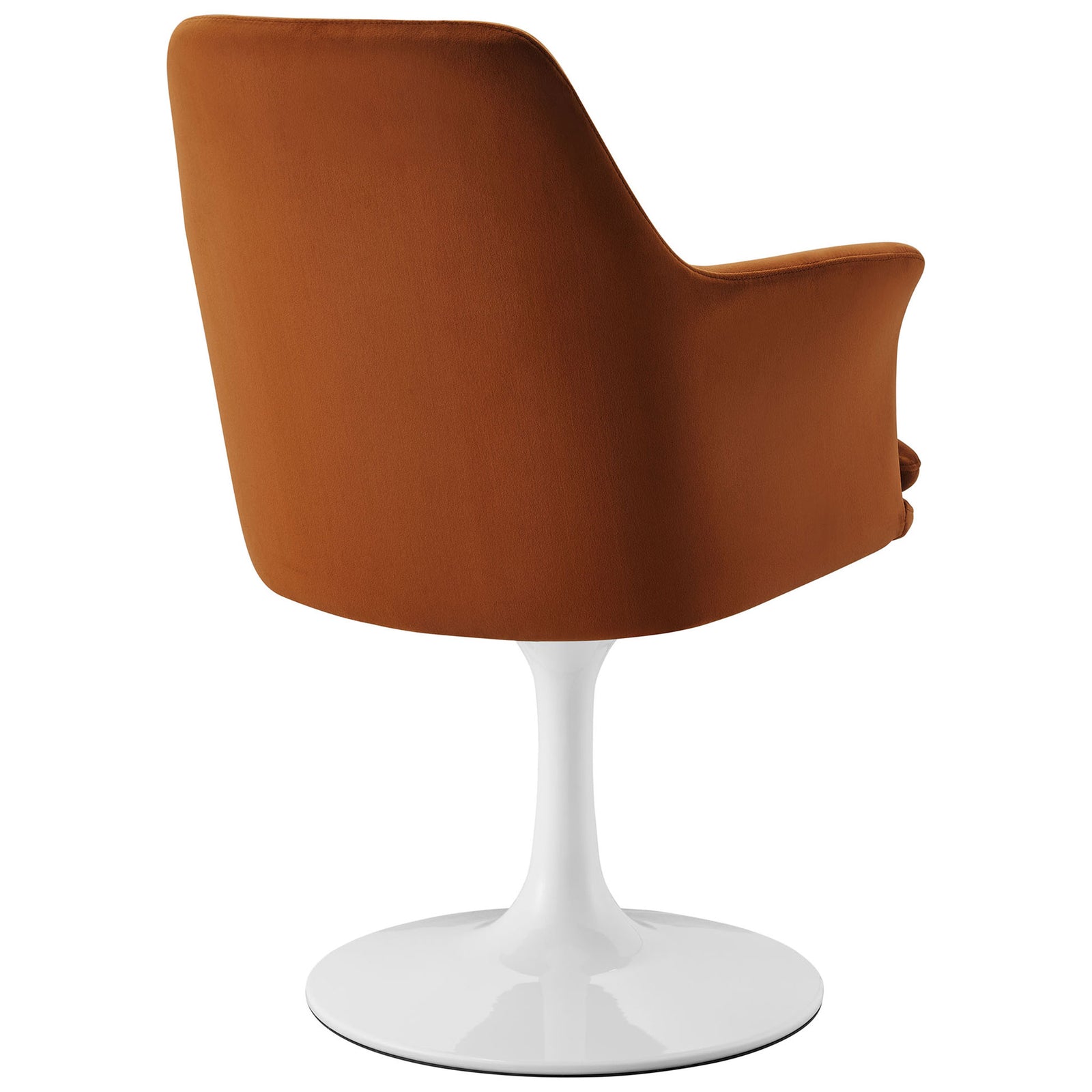 Smooth sculpted back in warm rust velvet pairs with the tulip inspired white pedestal for a clean finish || EEI-6957-WHI-RUS || back_studio