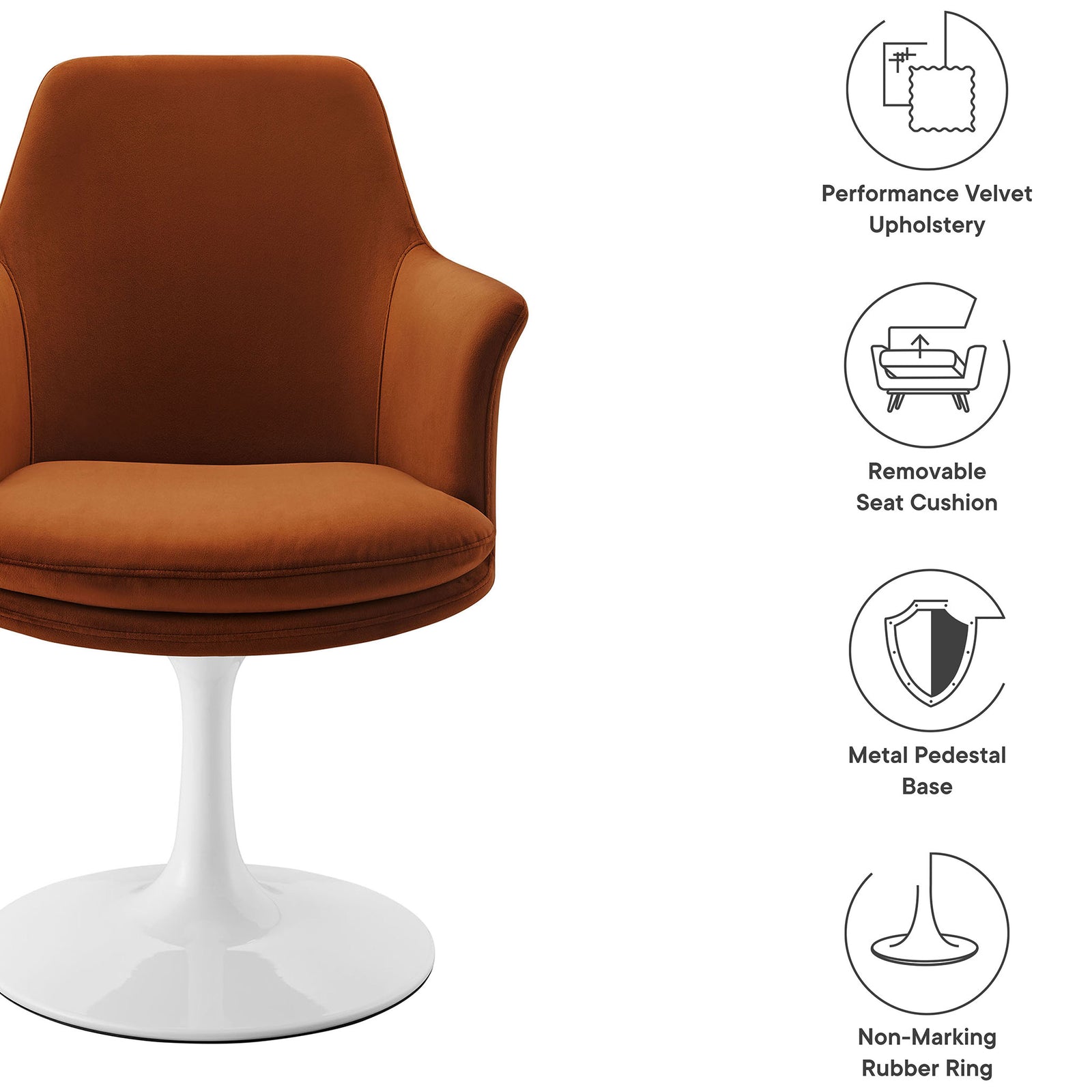 Performance velvet upholstery, removable cushion, metal pedestal base and floor friendly rubber ring || EEI-6957-WHI-RUS || callout_studio