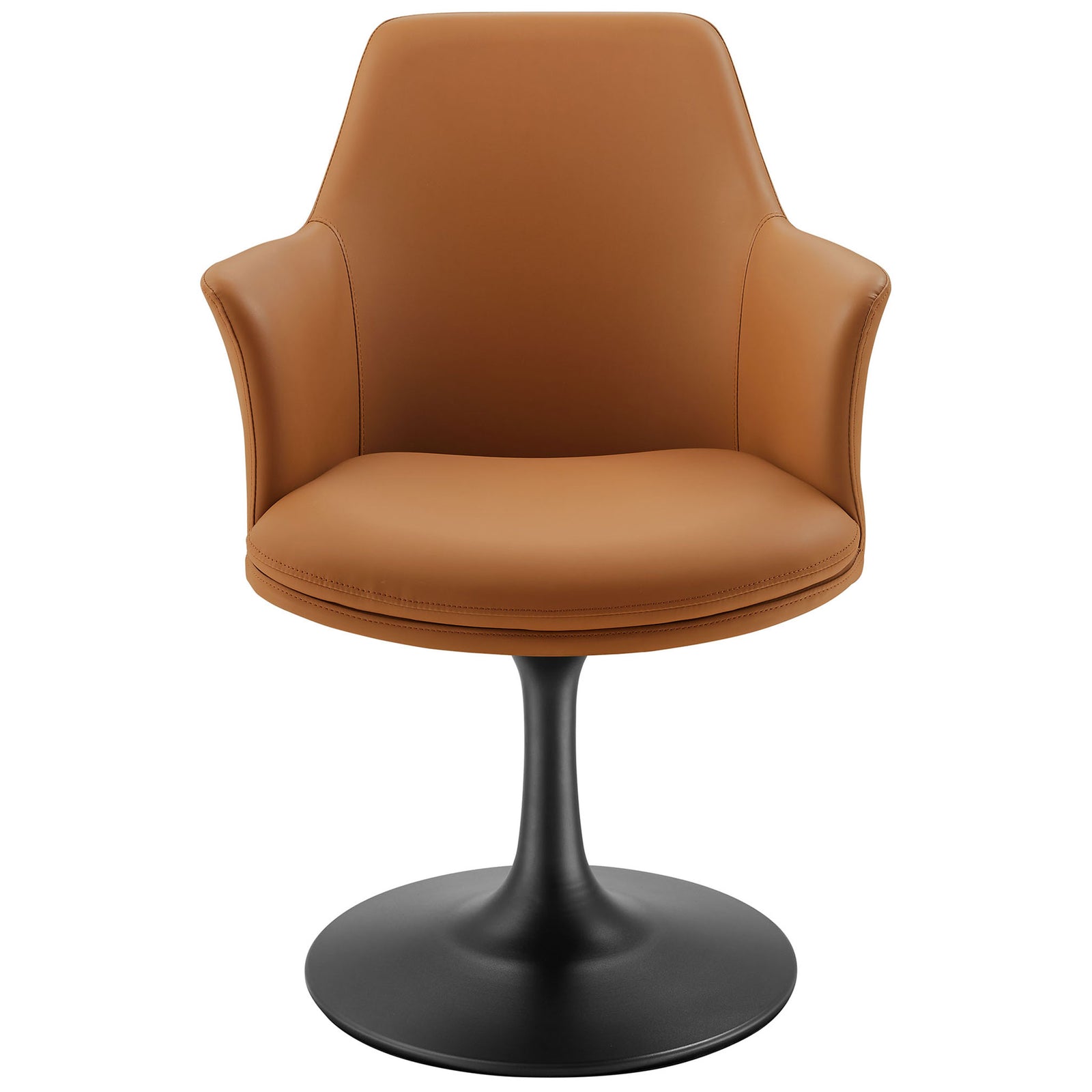 Comfortable tan vegan leather armchair with integrated arms and plush seat on a modern black pedestal base || EEI-6958-BLK-TAN || front_studio