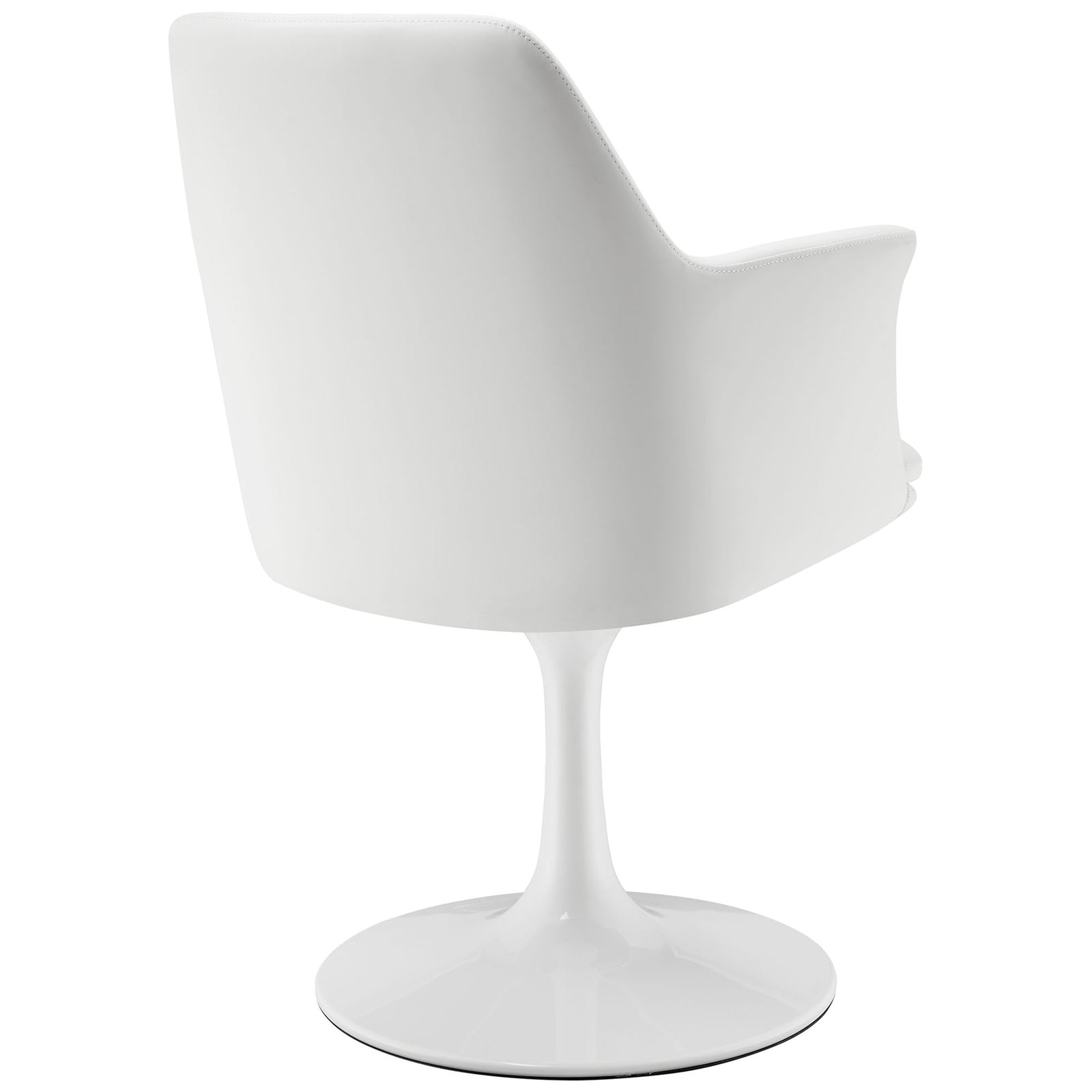 Rear view of white vegan leather armchair highlighting smooth curved back and seamless upholstery || EEI-6958-WHI-WHI || back_angle_studio