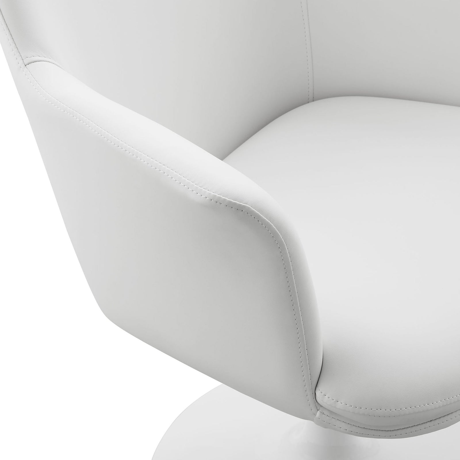 Armrest and seat of white vegan leather armchair showing smooth stitching and soft padding || EEI-6958-WHI-WHI || detail_studio