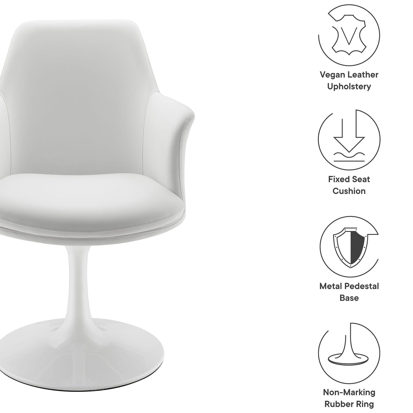 Feature overview of white vegan leather swivel armchair with fixed seat, metal pedestal base, and floor-safe ring || EEI-6958-WHI-WHI || callout_studio