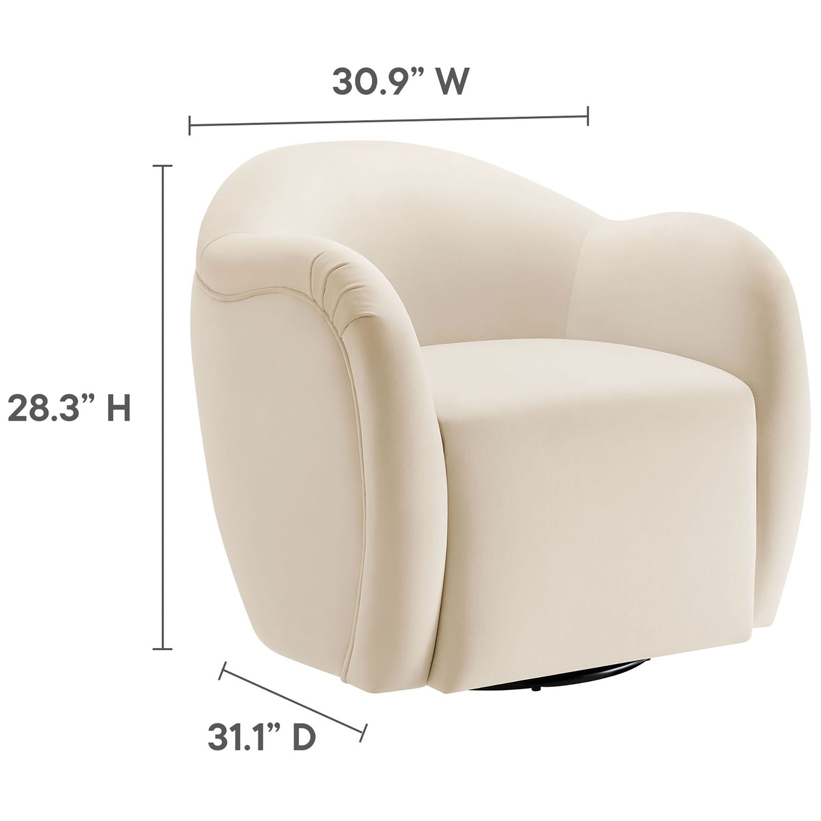 Compact barrel chair proportions in plush alabaster performance velvet. || EEI-6959-ALA || dimension_studio