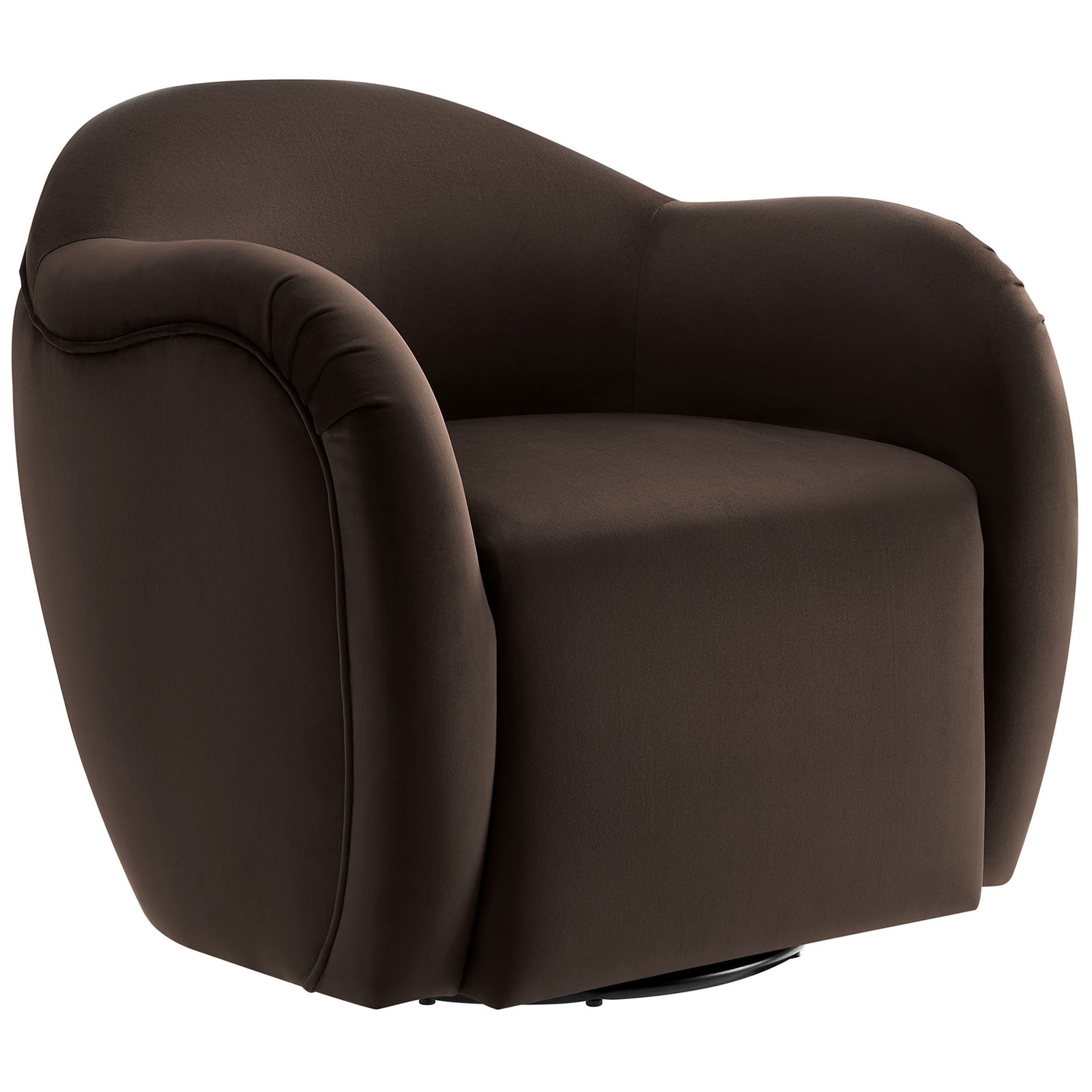 Sculpted arms and barrel back in rich chocolate velvet atop a hidden 360-degree swivel base. || EEI-6959-CHB || front_angle_studio
