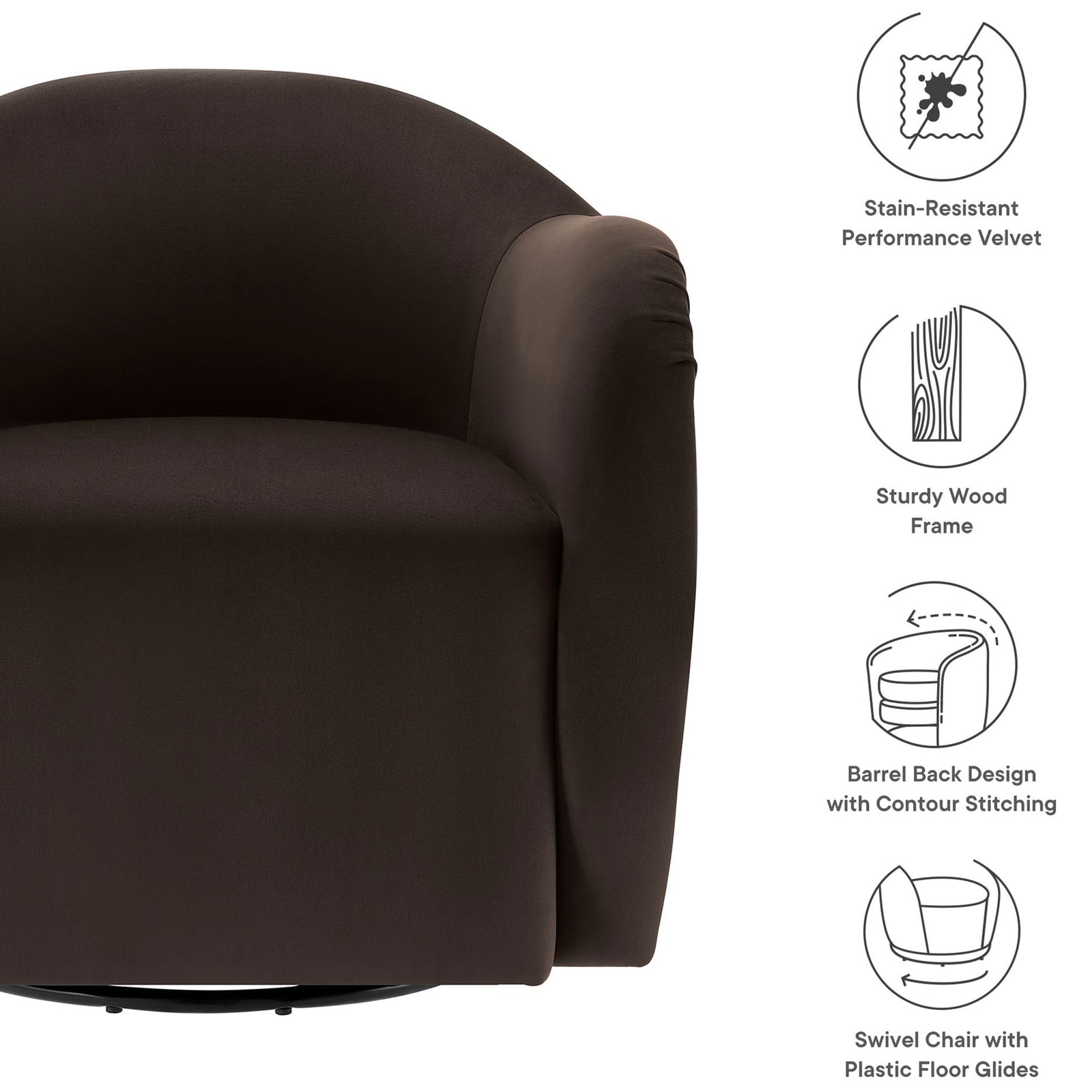 Barrel-back swivel chair in performance velvet with wood frame and contour stitching for lasting comfort. || EEI-6959-CHB || callout_studio