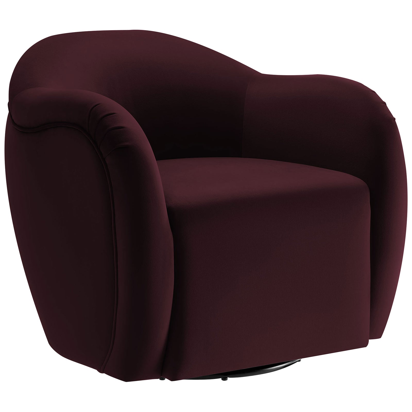 Modern swivel armchair with soft curves, supportive arms, and 360-degree base in mulberry velvet. || EEI-6959-MUL || front_angle_studio