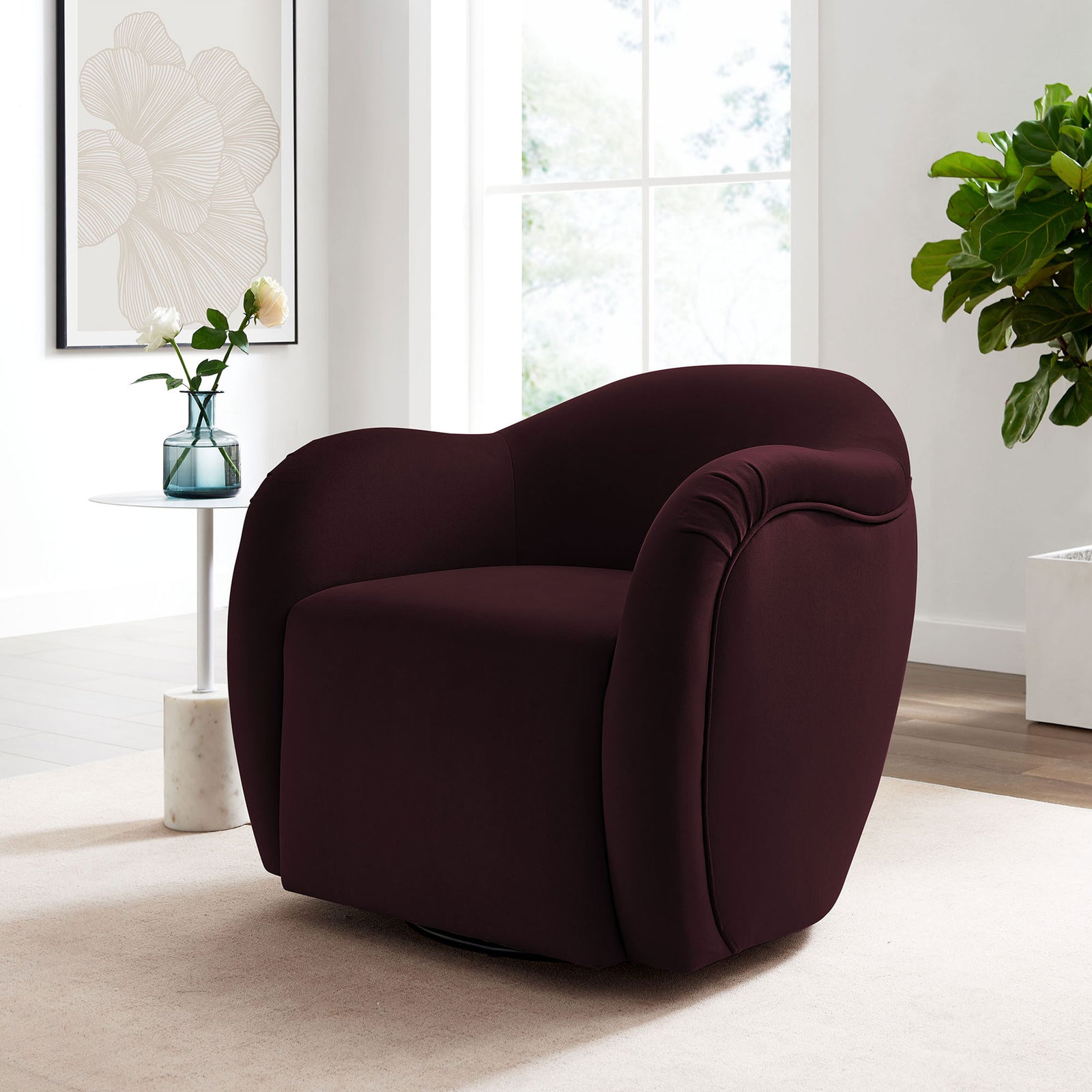 Elegant mulberry accent chair brings cozy comfort and modern style to any living space. || EEI-6959-MUL || front_angle_room
