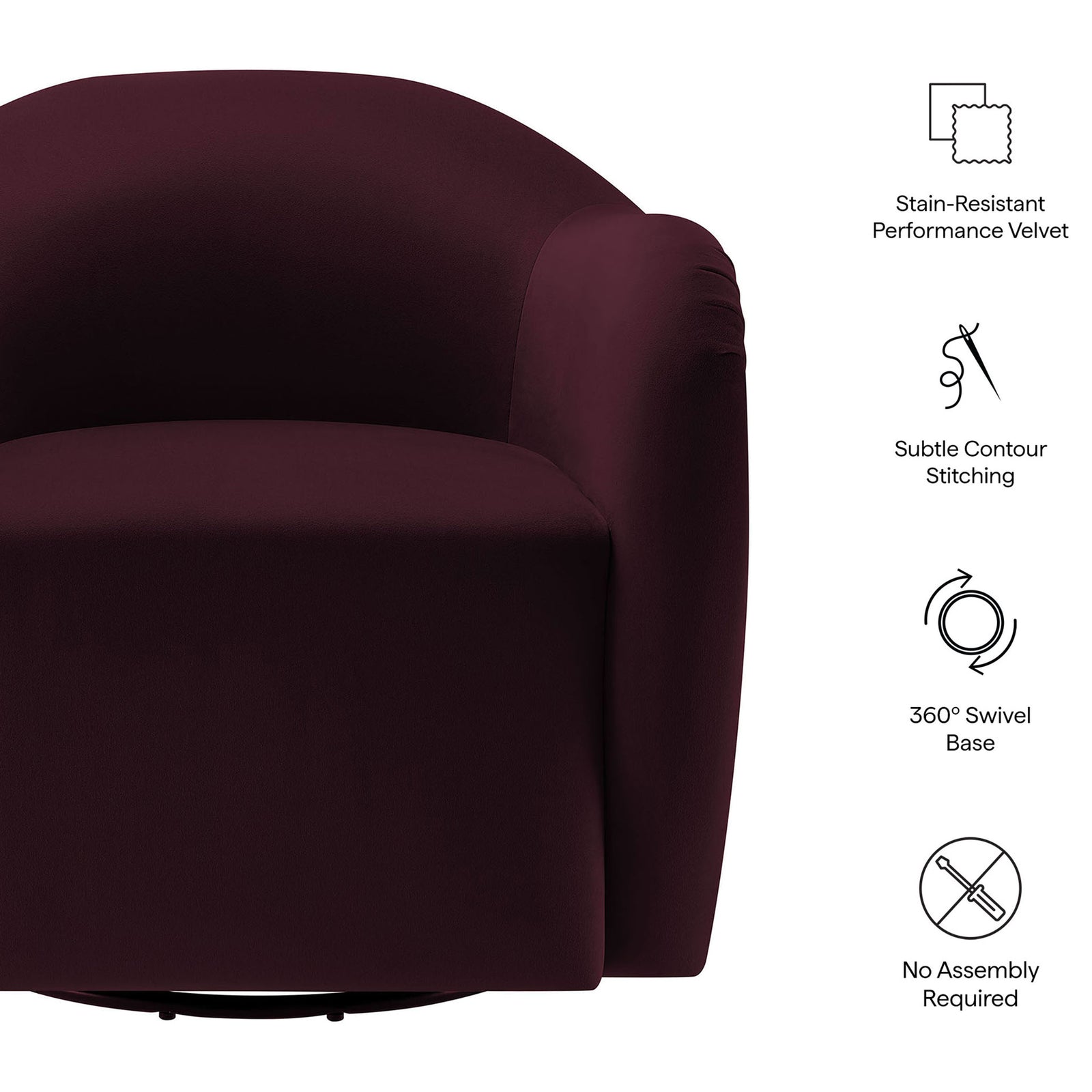 Performance velvet swivel chair with contour stitching, 360-degree base, and no-assembly design. || EEI-6959-MUL || callout_studio