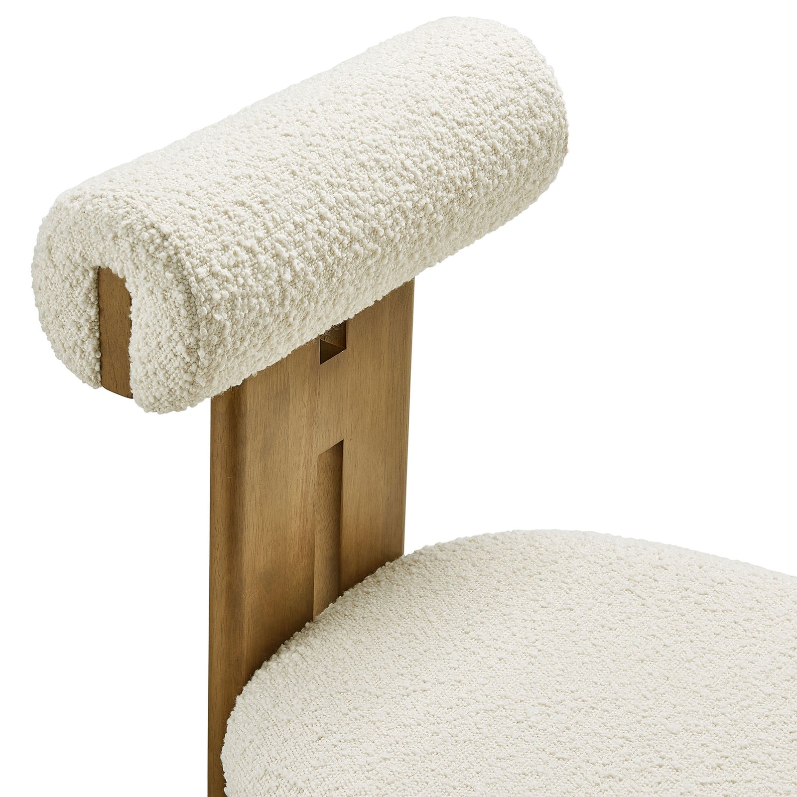 Boucle rolled backrest and gently rounded seat showcase the chair's cozy, textured comfort || EEI-6960-FRO-IVO || detail_studio