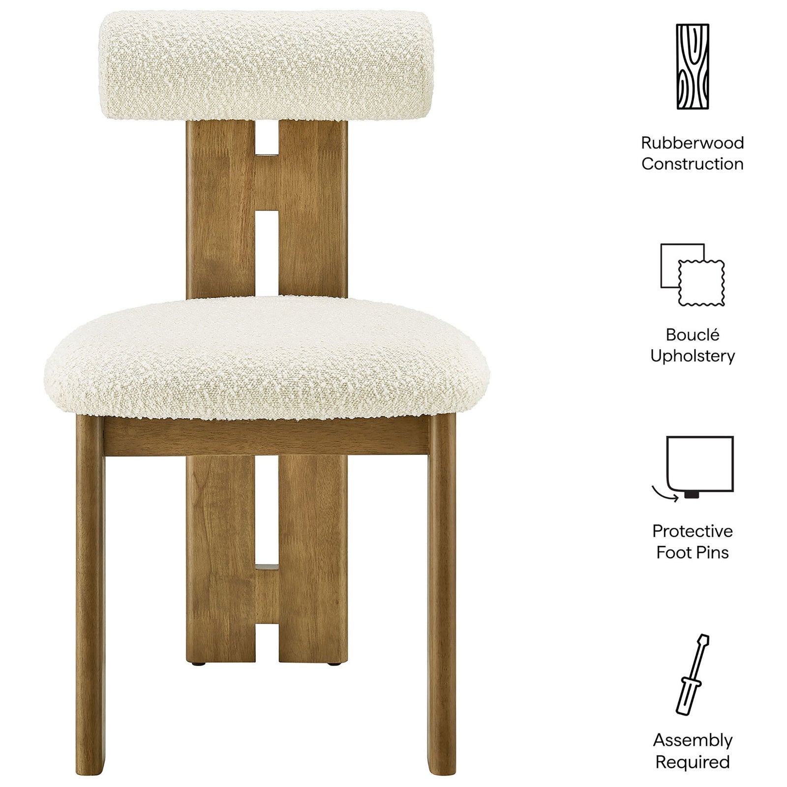 Ivory boucle dining chair with rubberwood construction, protective foot pins, and easy assembly icons || EEI-6960-FRO-IVO || callout_studio