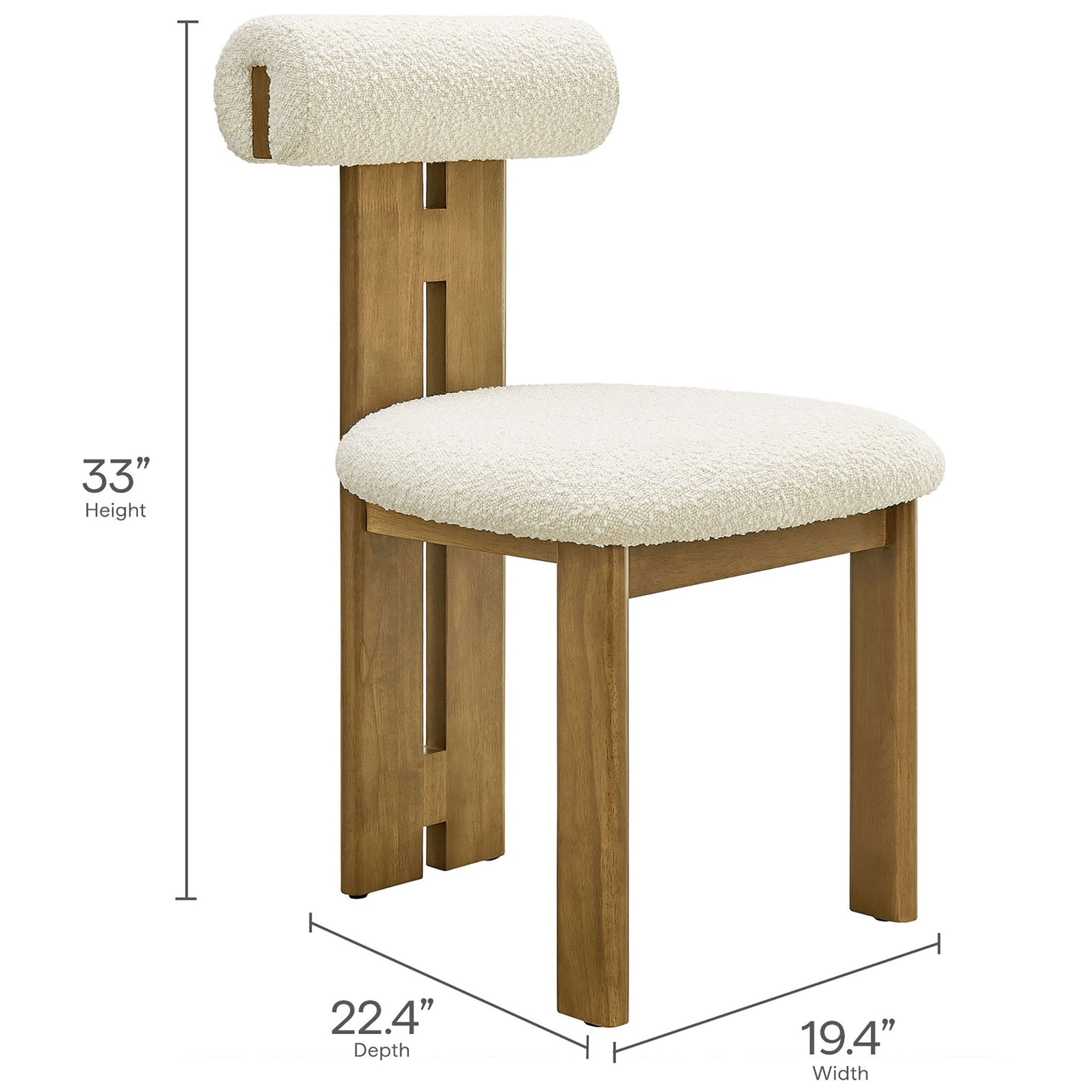 Ivory boucle dining chair with clearly labeled height, width, and depth measurements for easy planning || EEI-6960-FRO-IVO || dimension_studio