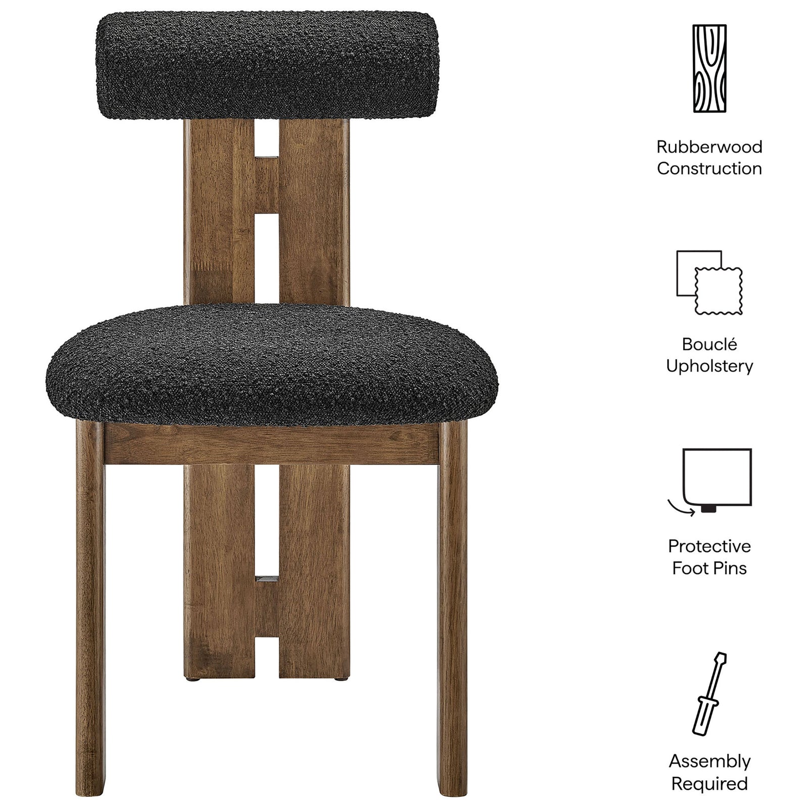 Torian dining chair features rubberwood frame boucle upholstery protective foot pins and easy assembly || EEI-6960-WAL-BLK || callout_studio