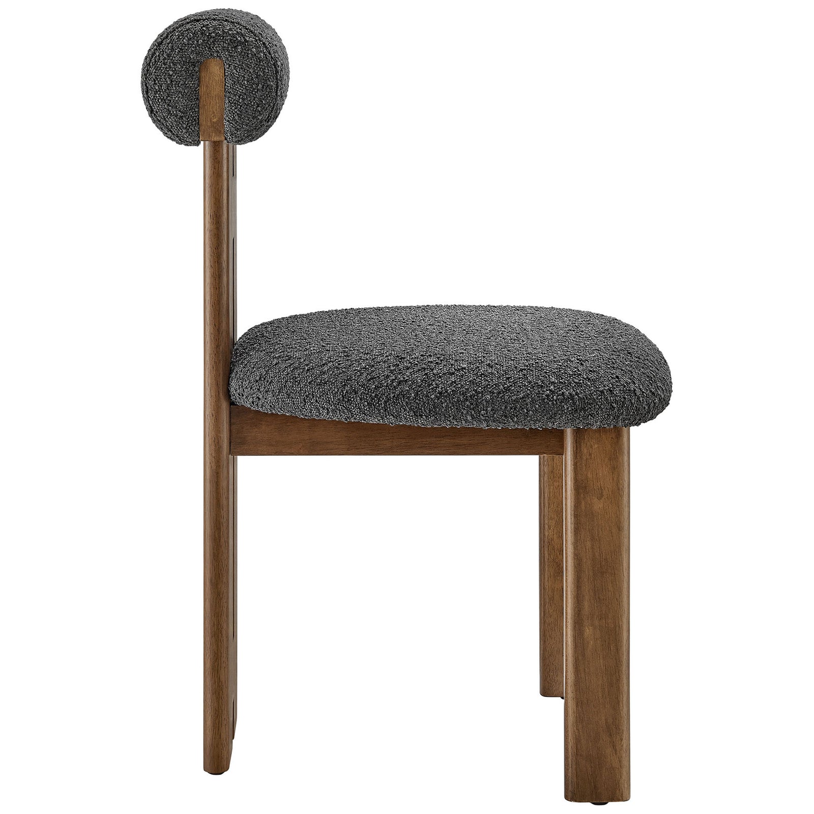 Dining chair profile highlighting three leg construction, deep boucle seat, and minimalist walnut silhouette || EEI-6960-WAL-CHA || side_studio
