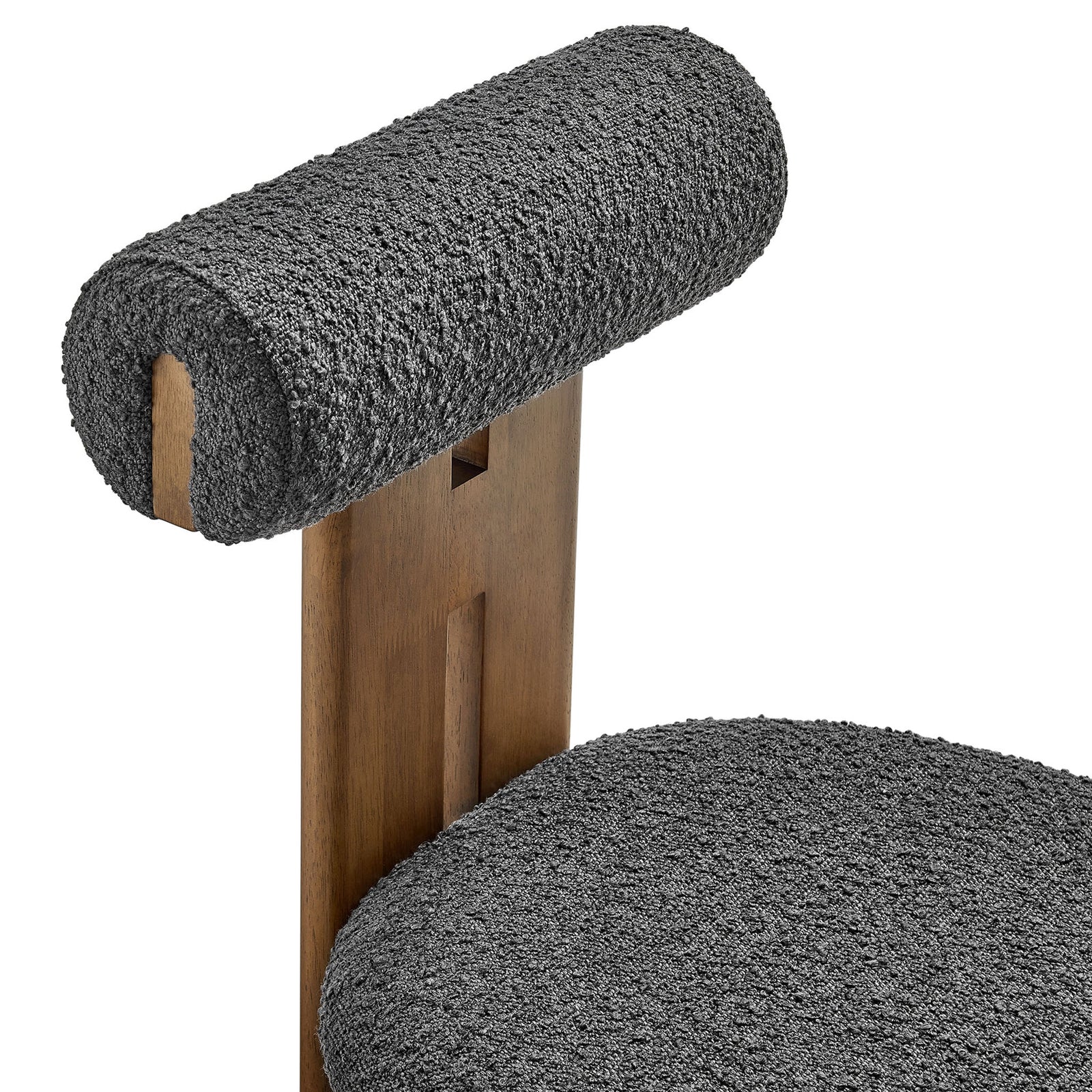 Textured boucle rolled backrest adds inviting softness and tailored detail to the warm walnut support || EEI-6960-WAL-CHA || detail_studio